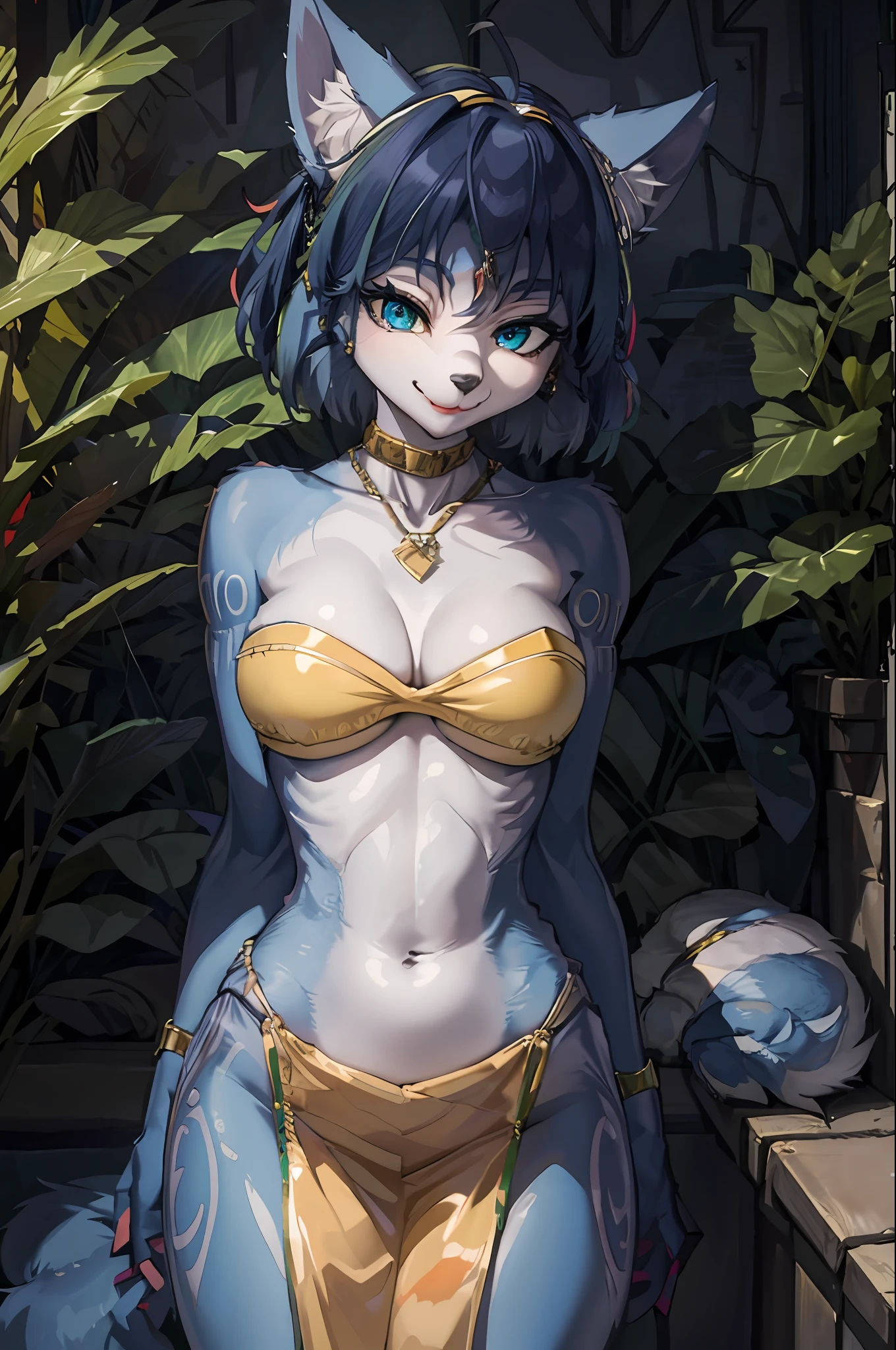 beautiful, masterpiece, best quality, detailed image, colorful, vibrant colors, (outdoor, nature, jungle, trunk), solo, detailed face, perfect lighting, perfect shadows, perfect eyes, girl focus, perfect hair, blue eyes, perfect face, beautiful body, curvy body, shiny body, 1girl, solo, bare shoulders, upper body, trimmed torso, short hair, lip licking, medium breasts,  animal ears, jewelry, green eyes, blue hair, collarbone, hair band, neckline, tattoo, necklace, fox ears, fox girl, gem, furry, circle, hairy female, body skin, white fur, animal nose, yellow hair ribbon, muzzle, two-tone skin, yellow choker, blue skin, white loincloth, golden bra, one tail, (((Cowboy shot, seductive, fox smile)))