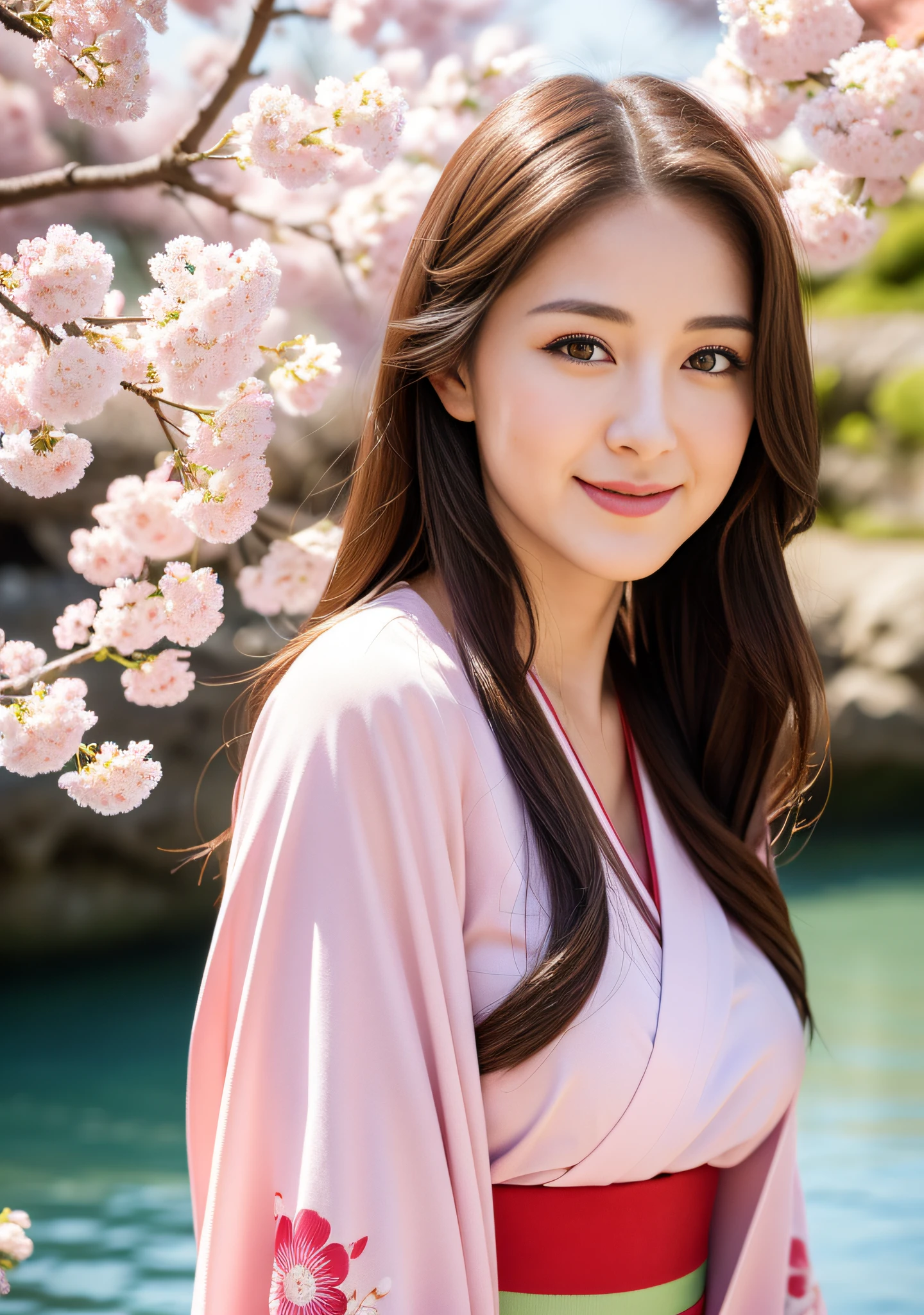 Marian Rivera, 30 years olds, gigantic breast:1.2, realistic, 1girl, (Best Quality, 8k, 32k, Masterpiece, UHD: 1.3), 8K, Nikon Z 85mm, ((best quality)) ((masterpiece)), intricate details, sharp focus, professional, photorealistic, real life, ultra realistic, photorealism, ((Masterpiece: 1.3)), Focus: 1.2, makeup, japanese girl, parted lips, blush, japanese kimono clothes, light smile, cherry blossoms, river, east asian architecture, sun, sunlight, reflection, hair ornament,
