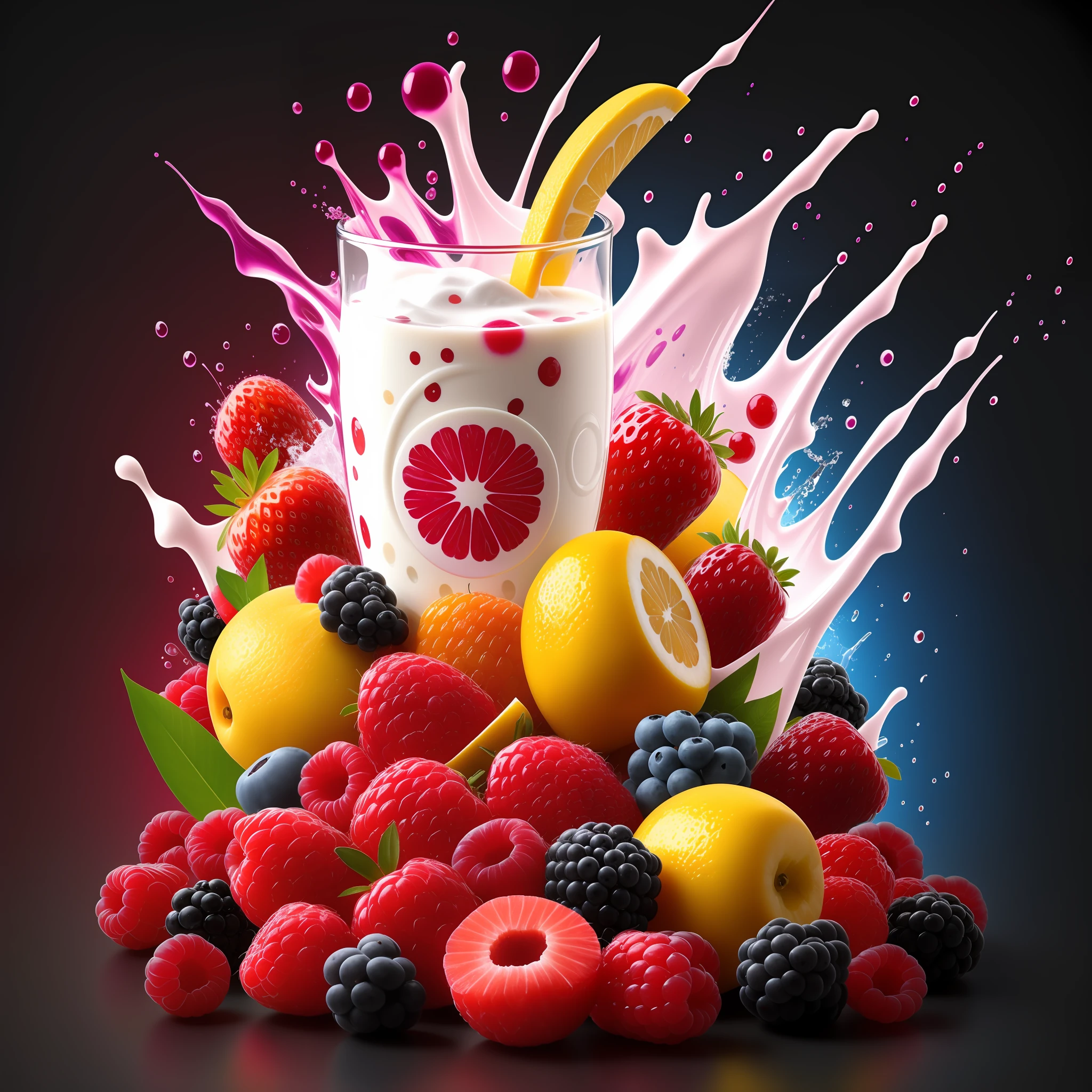 mix fruit and berries, fruits splash milk png