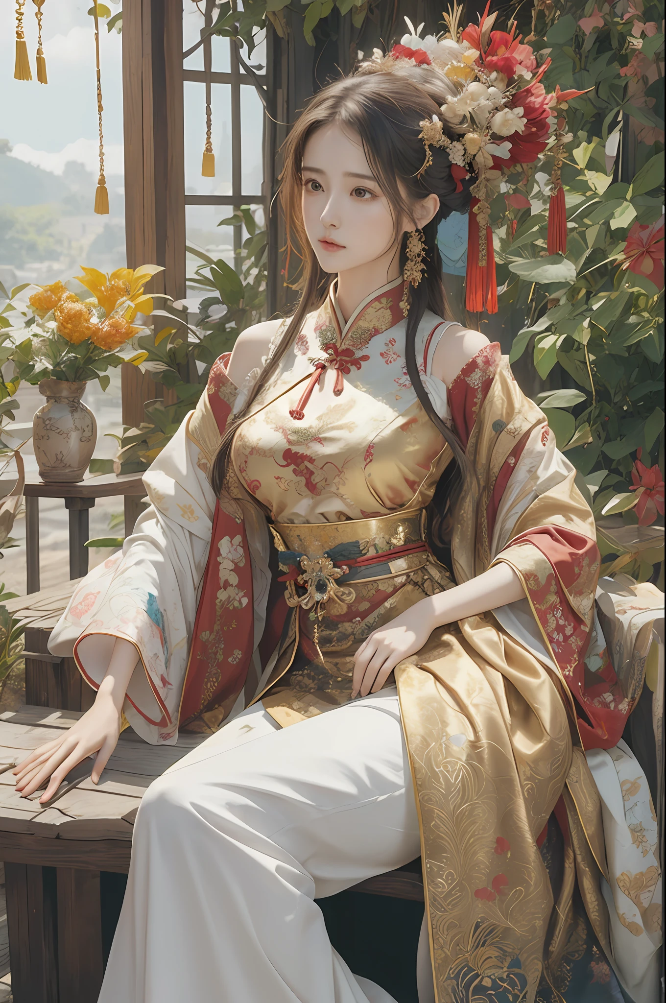 ((cover of Fashion magazine)), lots of words, (Marian Rivera), ray tracing, ((ultra vibrant)), intricate details,highly detailed,perfect face, slender, thin, (mature woman:1.2) ,shiny skin, narrow waist, skindentation, a woman sitting on a chair wearing an asian dress, in the style of floralpunk, exquisite clothing detail, fujifilm x-t4, red and gold, official art, lev lagorio, anime art , silk, beautiful hanfu, gorgeous hanfu, multilayer hanfu, multicolor hanfu, colorful hanfu, luxurious fabrics, gold leaf, ((lots of fabric)) , floralpunk, (red and gold, qing dynasty, high quality photo, cult party kei), absurdres, highres, ultra detailed, (ultra-detailed background, detailed background), extremly detailed, 1girl, 20 years old, zentangle:1.2, geometric:1.2, lots of words, sexy huge breasts
