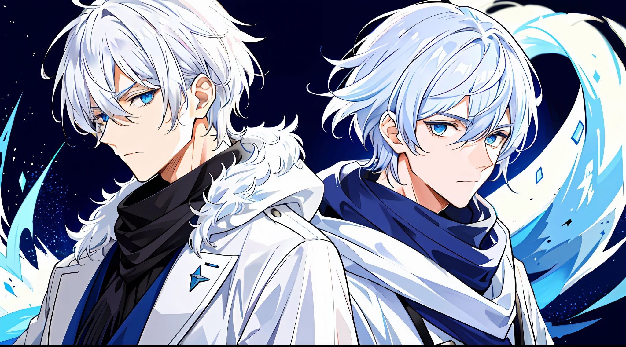 Medium white haired character with a bangs behind the ear, with an all navy blue military outfit and with a scarf with the neck part all white and fuzzy, blue eyes, he has the power to create ice, he is using this power, his look is one of sadness