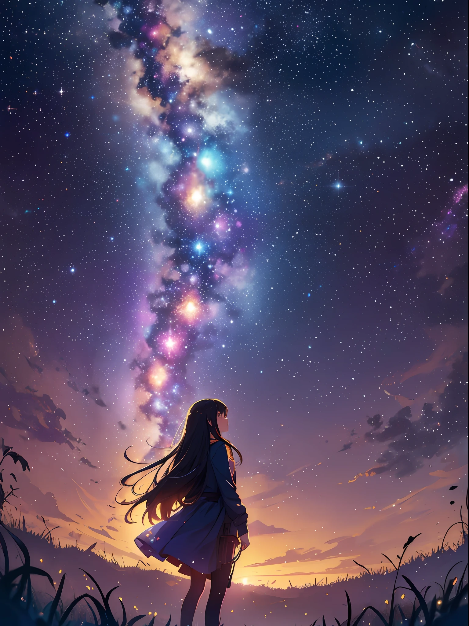 girl, starry sky, firefly, colorful, silhouete, 8k, super detail, ccurate, best quality, high quality, highres, high details, ultra detailed, intricate, absurdres, anatomically correct, masterpiece