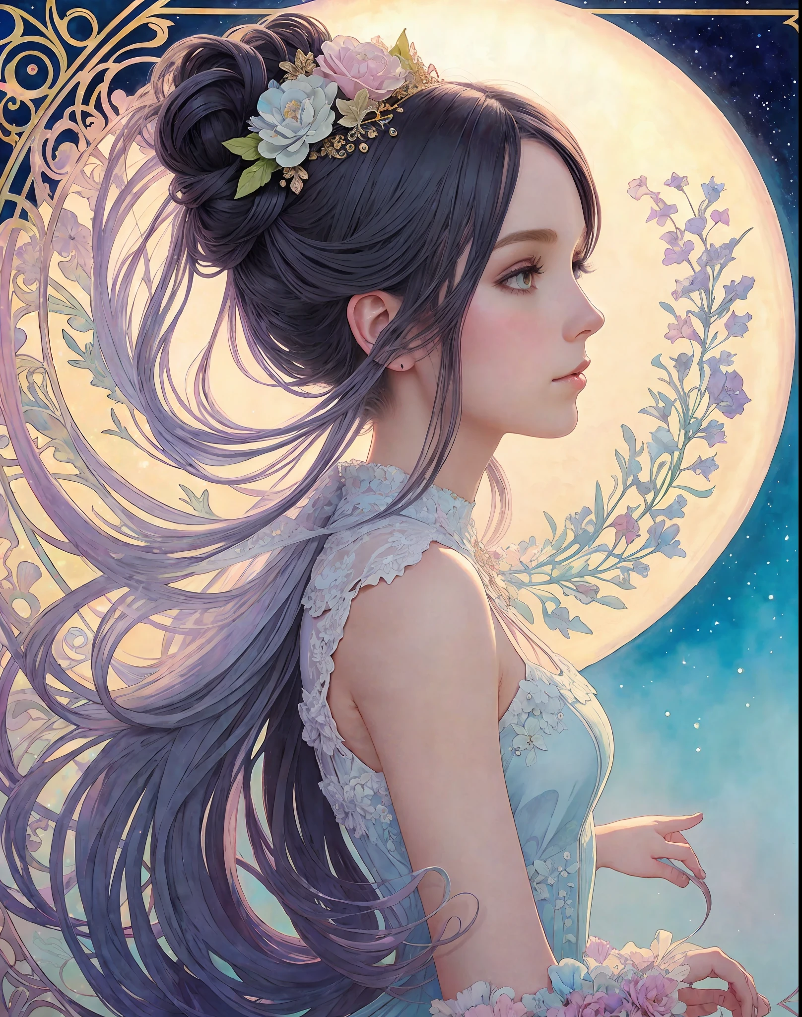 a black_haired woman, Pastel, Glitter, Dramatic, Dreamy, Pastel, Watercolor, Whimsical, Delicate, Seashell Crown, Trendy at Artstation, Highly Detailed, Intricate, Portrait, Digital Painting, Fantasy Themes, Fantasy Dress , fantasy concept art, fantasy character art, smug, teenage girl, perfect body, full body, calm, muted colors, soft lighting, organic shape, minimalist, art nouveau inspired, emma lindstrom and alphonse mucha, trending at artstation, eclipse
