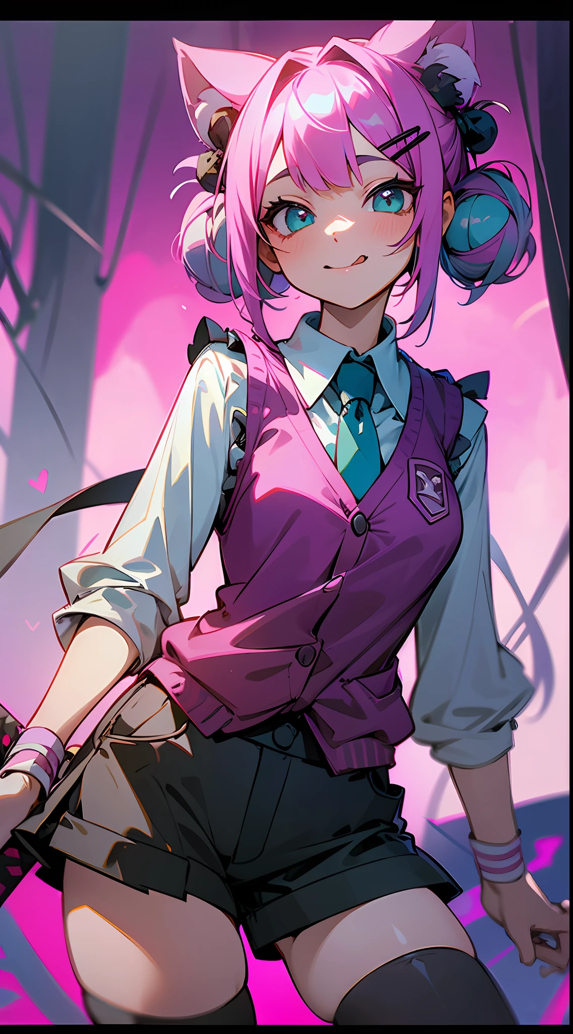 In the woods, vest, shorts, height 165, in over-the-knee socks, sick, katana in hand, lots of blood stains on her body, smiling, bangs, double bun, pink hair, hairpins, headbands, moles under eyes, heart-shaped pupils, aqua green eyes, cat ears, saliva, mouth, tongue sticking out, verbal invitation, surrealism, anime, verism, chiaroscuro, cinematic lighting, god ray, backlight, three-sided view, frame, lens flare, wide angle, high resolution, UHD, retina, Masterpiece, ccurate, anatomically correct, textured skin, super detail, high detail, high quality, award-winning, best quality, 1080P, HD, 16k