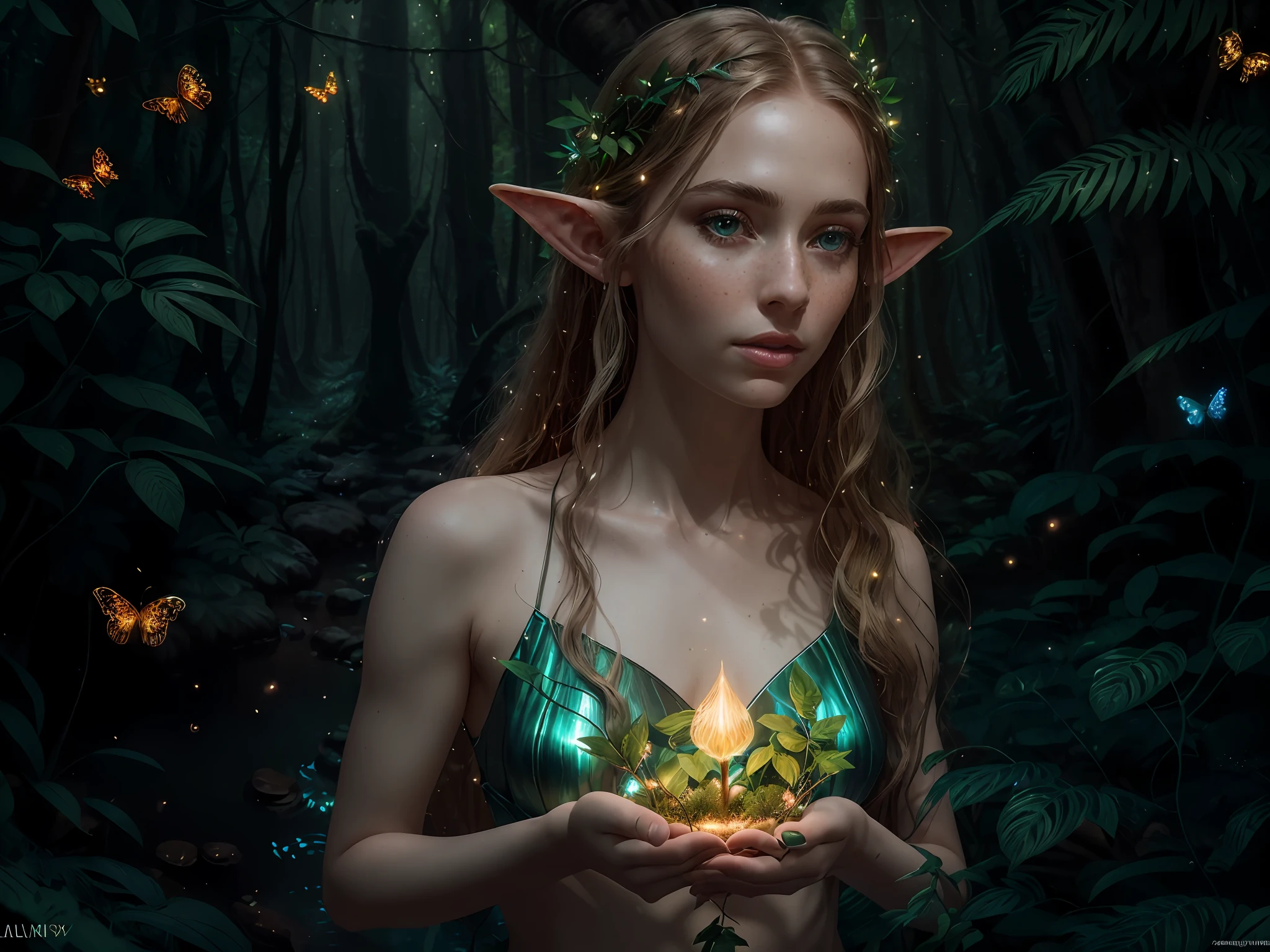 a portrait of a elf girl with freckles and bright striking blue eyes posing for a photo,full body, bare shoulders, muscular, fit, defined abs, thongs, (prominent cameltoe) white freckles, long flowing green hair flying, glowing radiance, beautiful pale makeup, color portrait, stunning portrait, elegant freckles, wearing black thongs with glowing runes of power, black gloves, star-shine, gold dust spread across her skin and her face, (dark, hyper-realistic photos (((portrait))) refraction ,Dark background of magical night forest, deep woods, towering ruins, starlight skies, A mystical and epic landscape, featuring a fantastical and surreal world of floating islands, giant trees, and mythical creatures, that transport the viewer to a world of imagination and wonder, artstation, digital art, intricate, trending, bright colors suitable for viewing in public places A masterpiece, the best quality, stunning reflections, the best reflections ever. (very detailed CG unity 8k wallpapers), (best quality), (best illustrations), (best shadows), forest theme with natural elements. Tall trees, quiet streams, small glowing mushrooms surrounded by delicate leaves and branches, with fireflies and glowing particle effects,, (natural elements), (jungle theme), (leaves), (twigs), (fireflies), butterflies, (delicate leaves), (glow), (particle effects). , Isometric 3D, Octane Rendering, Ray Traced, Super Detailed