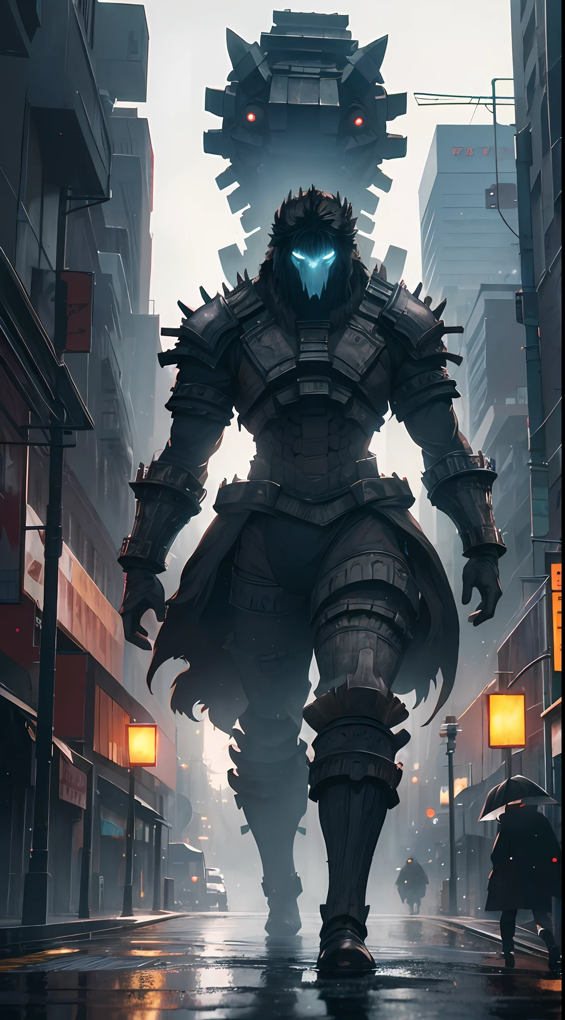 An award winning master piece photo of The Giant Colossus baseado in The game shadow of The Colossus in a city street at night in the rain, 8k, (high quality:1.1), (cinematic feeling:1.1), dark deep shadows, incredibly intricate detailing, art , (up close:1.1), from above, looking at viewer, (dark sparkles:1.1), (chromatic aberration,:1.2) background with floating dark artifacts, Canon, UHD, masterpiece