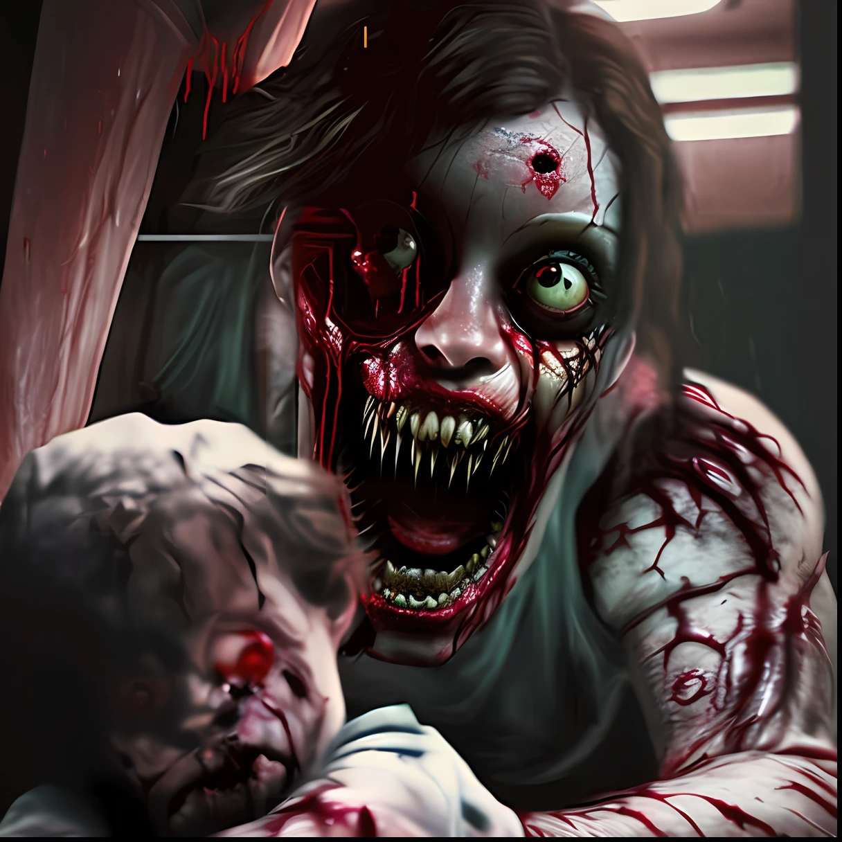 Hyper realism, woman being absorbed by a bloody monster, evil within monster, scary mutant flesh creature, resident evil virus, hyper realistic fantasy monster, zombie in horror, towering giant made of zombies, the last of us zombie, gaping maw, fleshy creature above your mouth, scary hyper realism