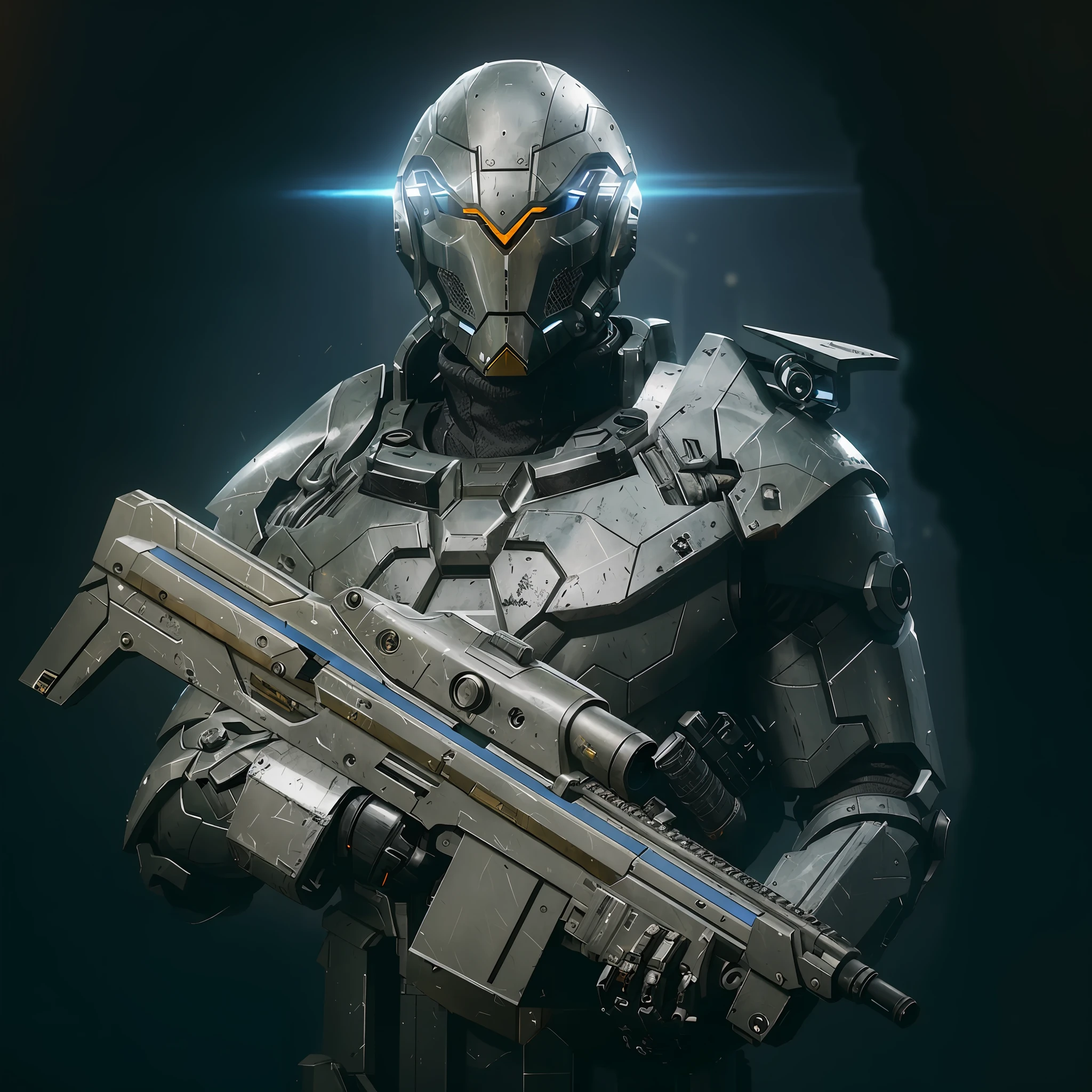 arafed looking man in armor holding a weapon in a dark room, sci-fi soldier, futuristic soldier, clothed in sci-fi military armor, cyberpunk soldier, warrior in sci-fi armour, with futuristic gear and helmet, epic sci-fi character art, epic sci - fi character art, male cyborg military commander, sci - fi character