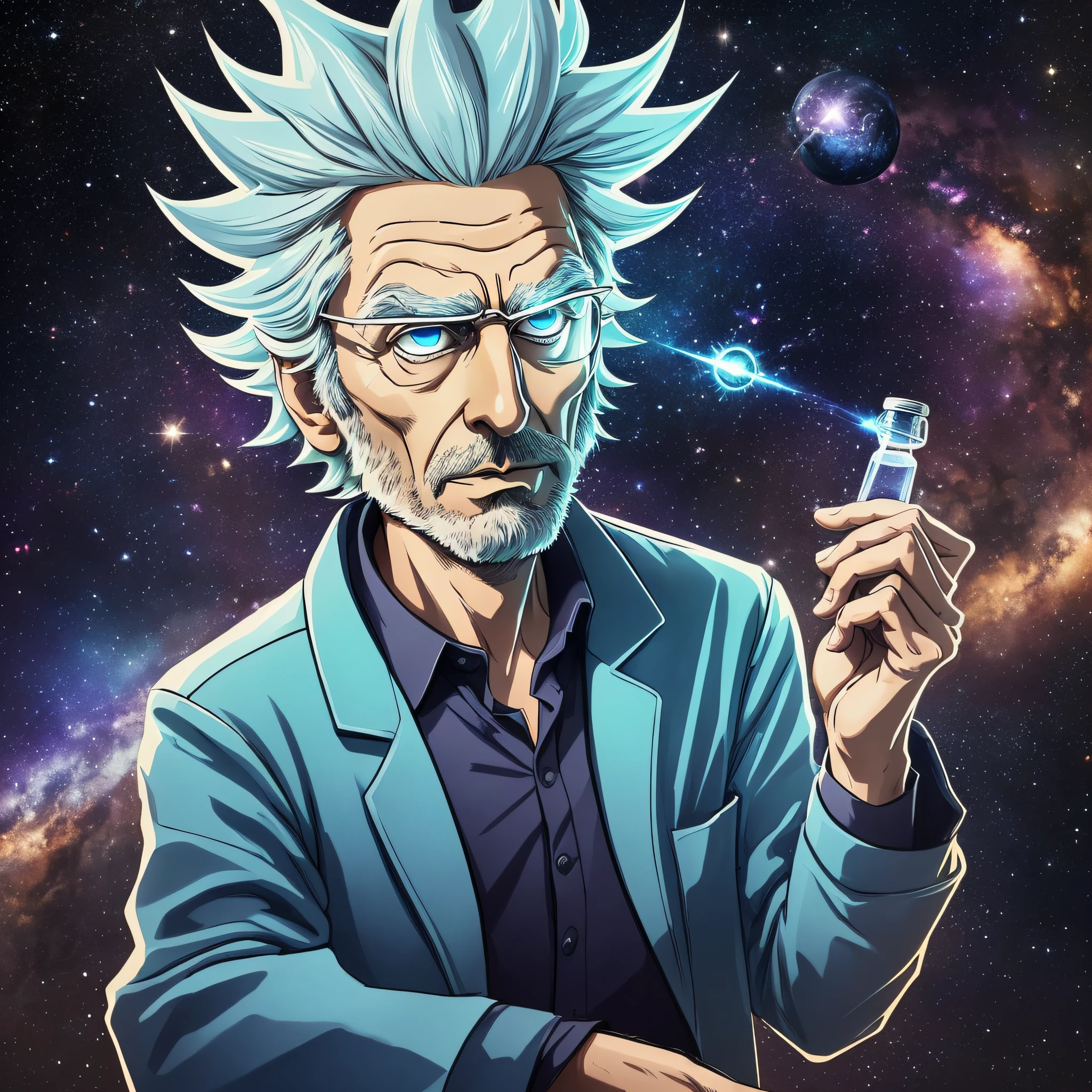 The print has a dark background, in a shade of deep navy blue, which represents outer space. At the center of the print is the character Rick Sanchez, a brilliant, somewhat eccentric and cynical scientist. Rick is in his classic laid-back posture, with a bottle of liquor in one hand and an interdimensional portal open behind him.

Rick is portrayed with his characteristic appearance: shaggy, spiky hair, furrowed brows, and a shrewd, defiant look. He's wearing his white scientist lab coat, which is a bit dirty and worn, displaying a carefree personality towards appearance.

Rick's facial expression is a mixture of sarcasm and genius, capturing his dismissive attitude and sharp intelligence. His blue eyes glow with an intense glow, reflecting his infinite curiosity and his ever-active mind.

Around Rick, there are a few elements that represent the series' frequent concepts and themes. For example, we see some jars of colored substances on a table next to him, which symbolize his scientific experiments and his incessant search for knowledge.

In the lower right corner of the print, there is the "Rick and Morty" logo in a stylized font, with letters that seem to have been drawn with fluid and vibrant strokes, evoking a sense of energy and adventure.

Around the character and the main elements, there are small details in the form of stars and galaxies, which fill the empty space and add a touch of cosmic mystery to the print.

This print captures the striking personality of Rick Sanchez and brings iconic elements of the series "Rick and Morty", providing an authentic representation of the character in an artistic and vibrant style. It's perfect for fans of animation who want to display their admiration for this interdimensionally famous scientist. --auto --s2