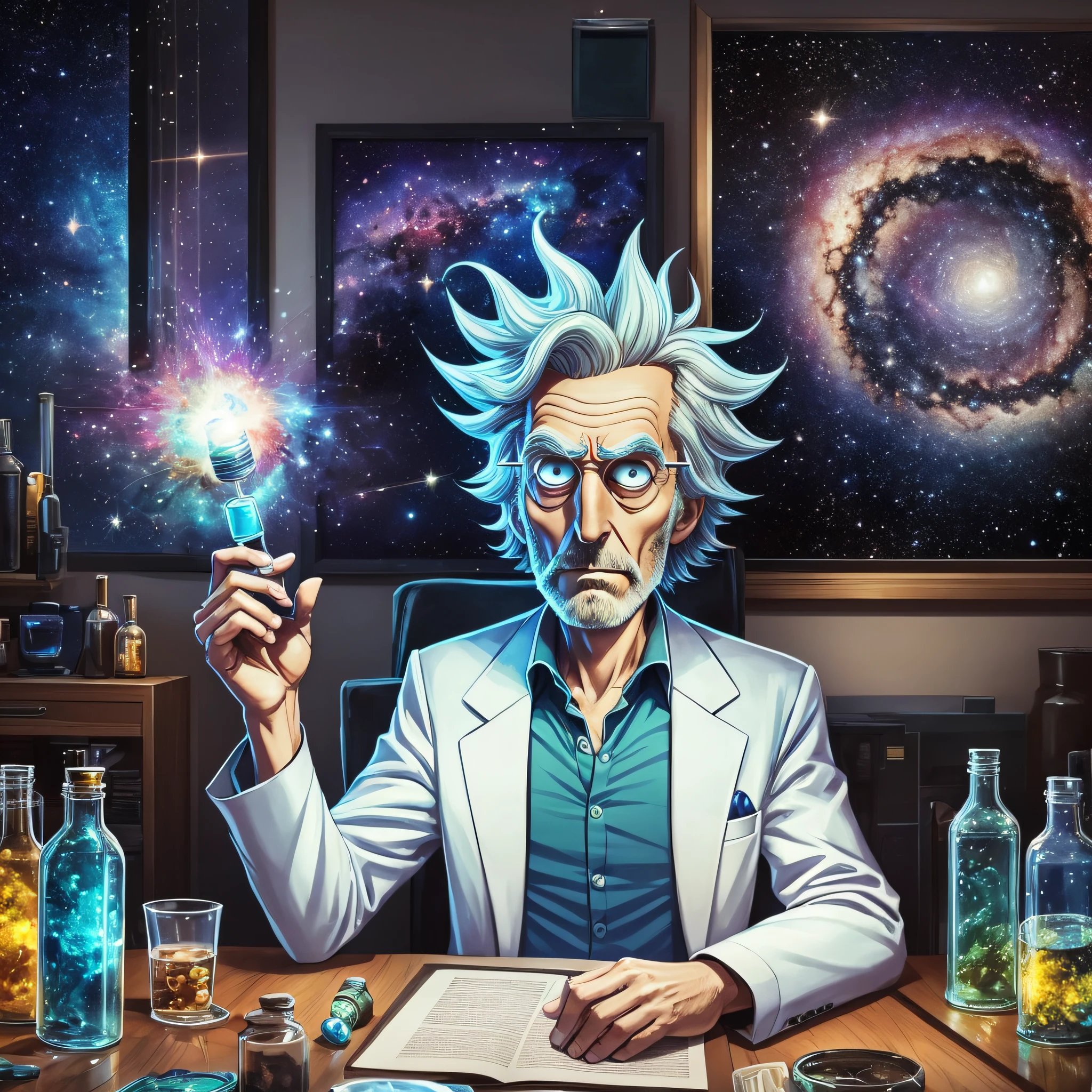 The print has a dark background, in a shade of deep navy blue, which represents outer space. At the center of the print is the character Rick Sanchez, a brilliant, somewhat eccentric and cynical scientist. Rick is in his classic laid-back posture, with a bottle of liquor in one hand and an interdimensional portal open behind him.
Rick is portrayed with his characteristic appearance: shaggy, spiky hair, furrowed brows, and a shrewd, defiant look. He's wearing his white scientist lab coat, which is a bit dirty and worn, displaying a carefree personality towards appearance.
Rick's facial expression is a mixture of sarcasm and genius, capturing his dismissive attitude and sharp intelligence. His blue eyes glow with an intense glow, reflecting his infinite curiosity and his ever-active mind.
Around Rick, there are a few elements that represent the series' frequent concepts and themes. For example, we see some jars of colored substances on a table next to him, which symbolize his scientific experiments and his incessant search for knowledge.
In the lower right corner of the print, there is the "Rick and Morty" logo in a stylized font, with letters that seem to have been drawn with fluid and vibrant strokes, evoking a sense of energy and adventure.
Around the character and the main elements, there are small details in the form of stars and galaxies, which fill the empty space and add a touch of cosmic mystery to the print.
This print captures the striking personality of Rick Sanchez and brings iconic elements of the series "Rick and Morty", providing an authentic representation of the character in an artistic and vibrant style. It's perfect for fans of animation who want to display their admiration for this interdimensionally famous scientist. --auto --s2