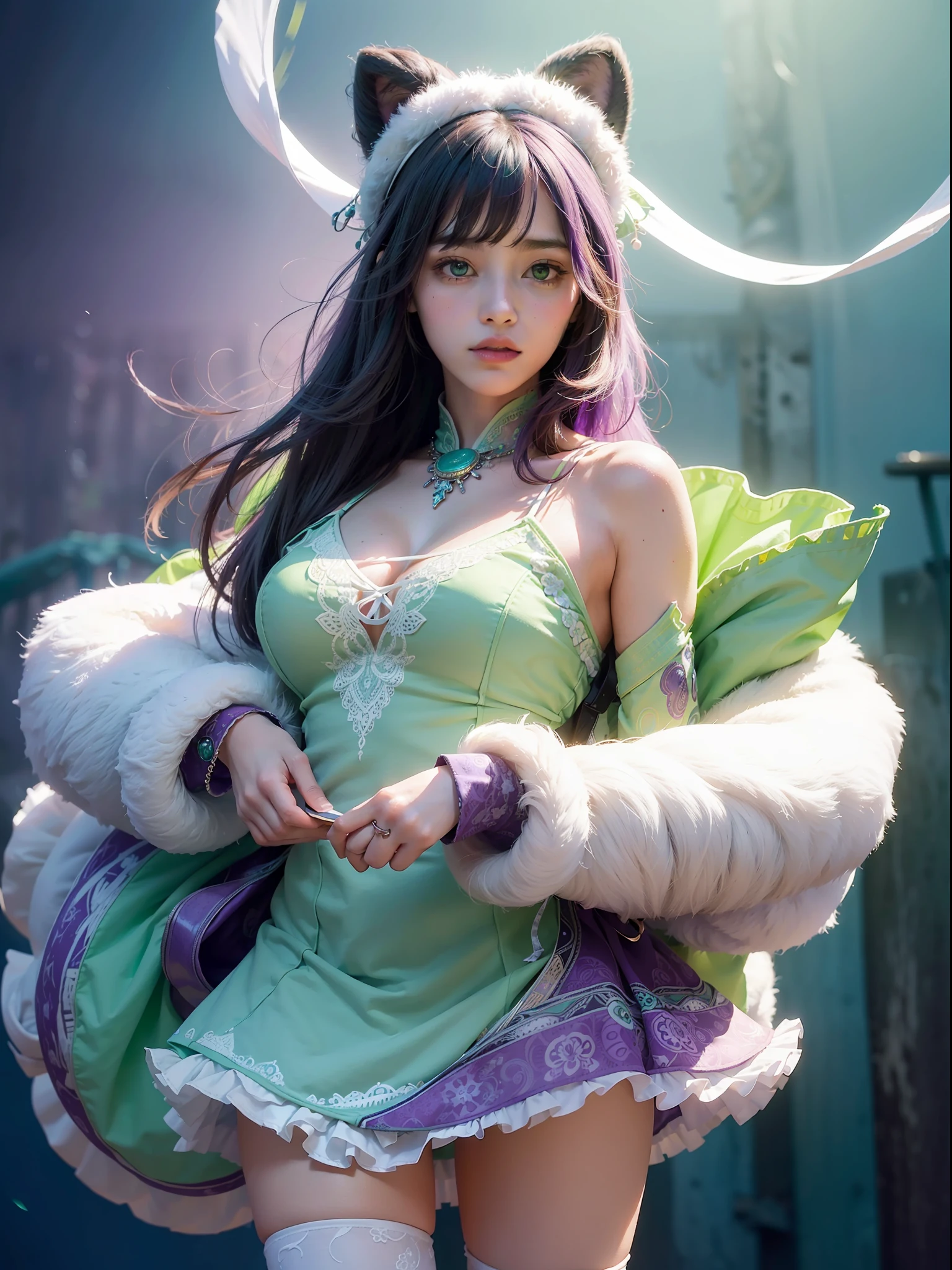 official art, unity 8k wallpaper, ultra detailed, beautiful and aesthetic, woman, (big round bear animal ears), ((color theme: toxic green, purple, pure white), white intrincate dress, dessert, cafe, lunchtime,beautiful, masterpiece, best quality, (zentangle, mandala, tangle, entangle), (dynamic angle, cowboyshot, vivid colours, romanticism, atmospheric