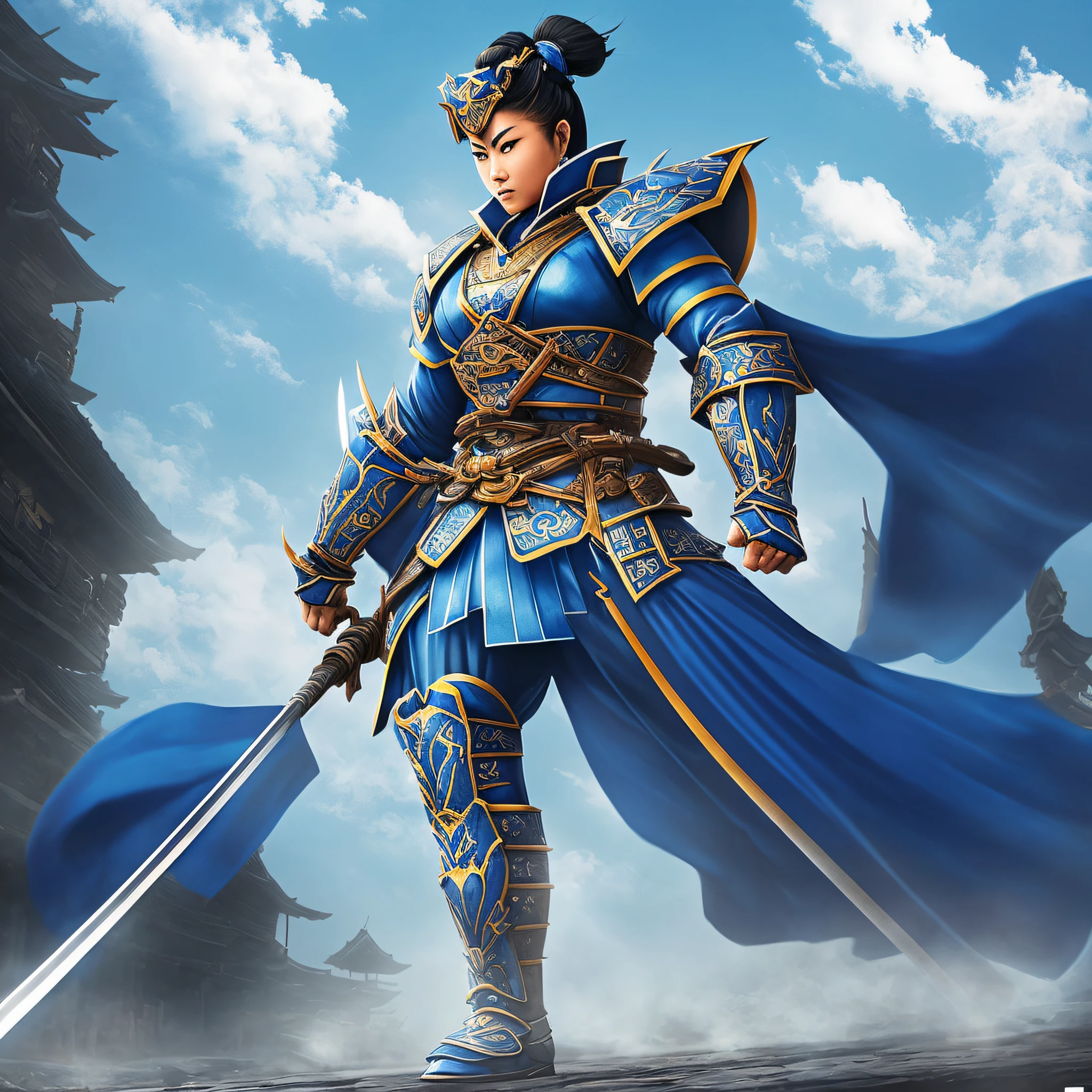 (A powerful women samurai, clad in blue, is the focus of the scene, she is tall and very strong with great muscles. Legendary among the Crab Clan, this towering figure boasts impressive muscles and short hair. As women look on in awe, the samurai exudes strength and determination.) --auto --s2