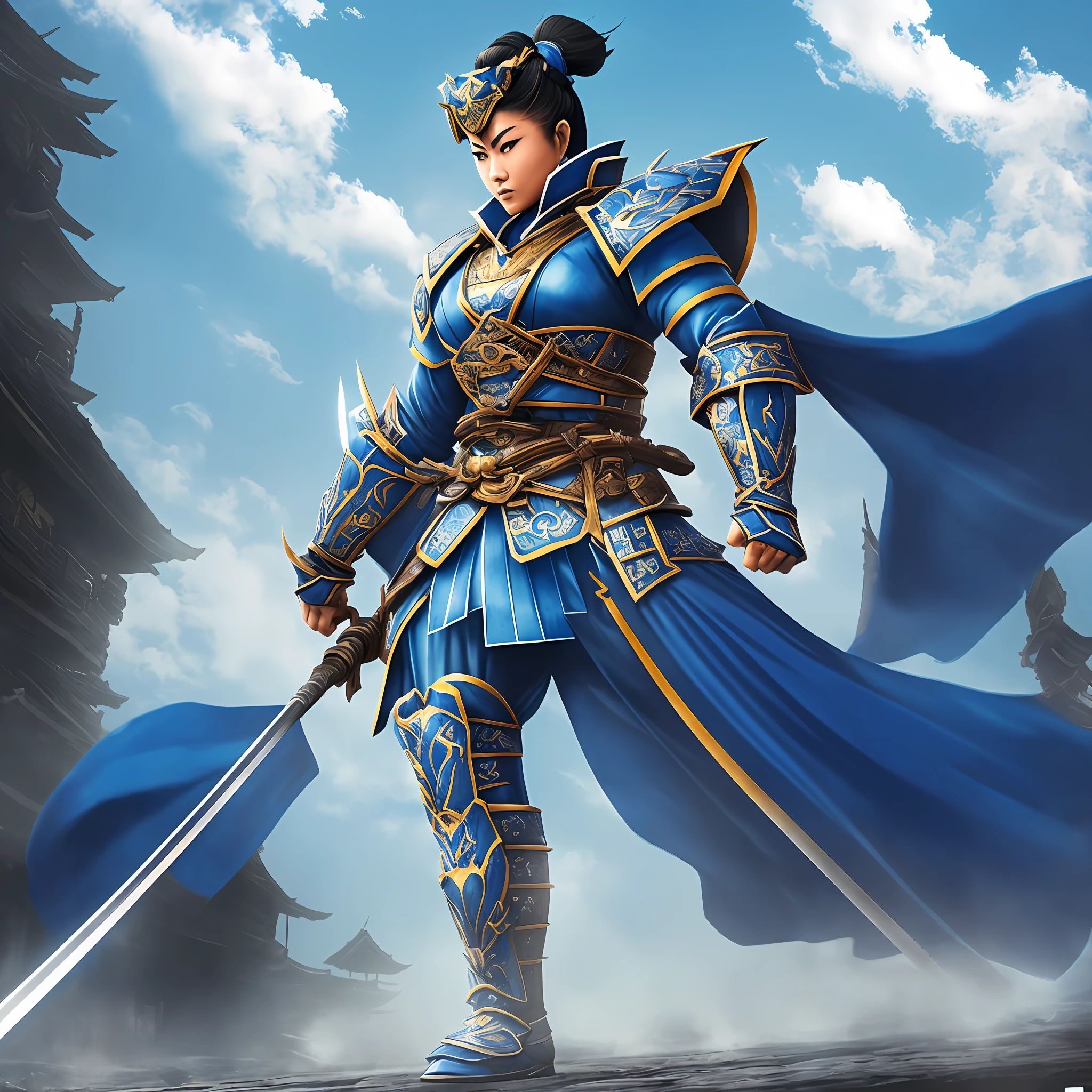 (A powerful women samurai, clad in blue, is the focus of the scene, she is tall and very strong with great muscles. Legendary among the Crab Clan, this towering figure boasts impressive muscles and short hair. As women look on in awe, the samurai exudes strength and determination.) --auto --s2