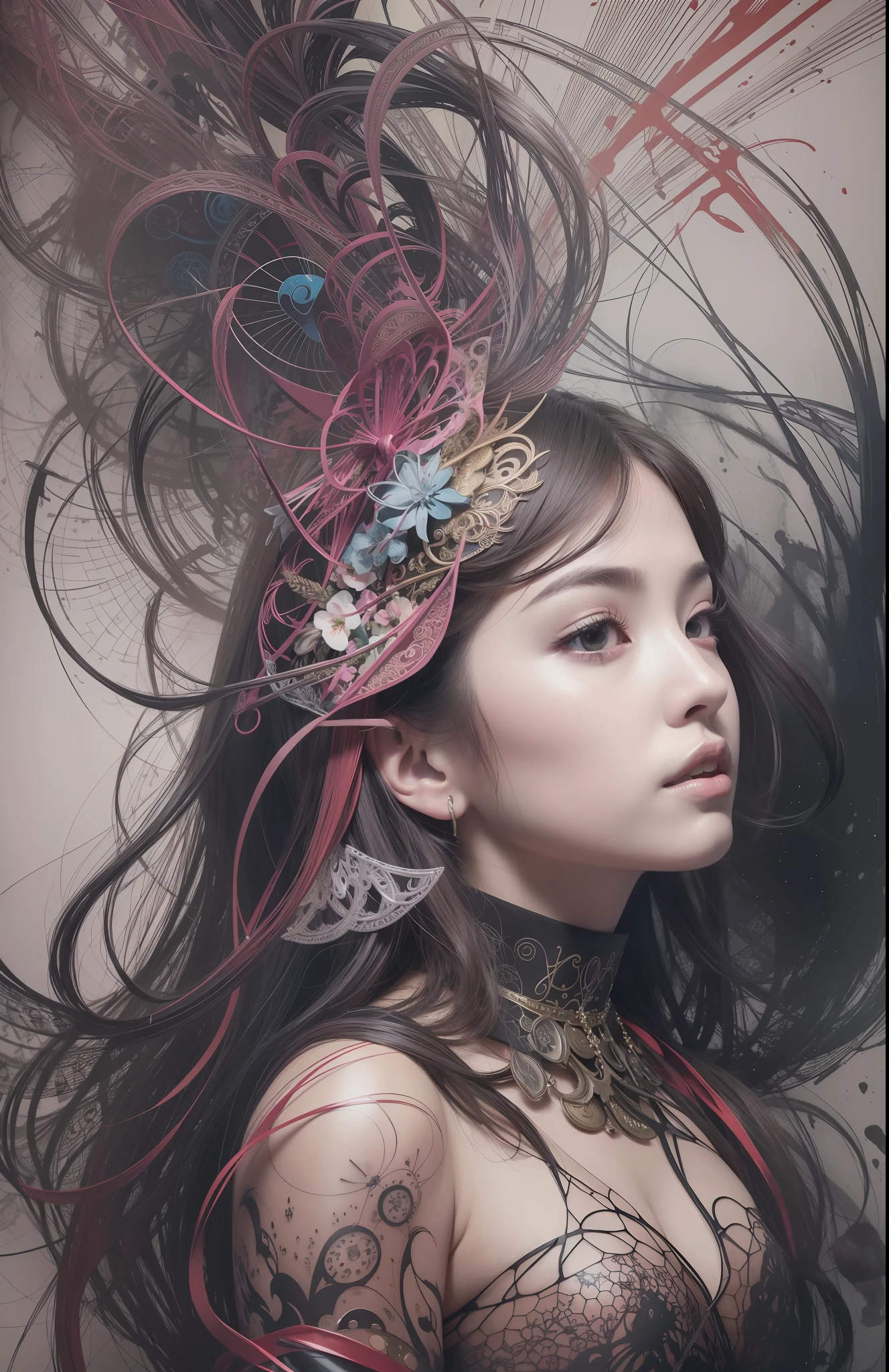 official art, unity 8k wallpaper, ultra detailed, beautiful and aesthetic, masterpiece, best quality, (zentangle, mandala, tangle, entangle), (fractal art:1.3) , 1girl, extremely detailed, dynamic angle, cowboyshot, the most beautiful form of chaos, elegant, a brutalist designed, vivid colours, romanticism, by james jean, roby dwi antono, ross tran, francis bacon, michal mraz, adrian ghenie, petra cortright, gerhard richter, takato yamamoto, ashley wood, atmospheric, ??????? of musical notes, streaming musical notes visible