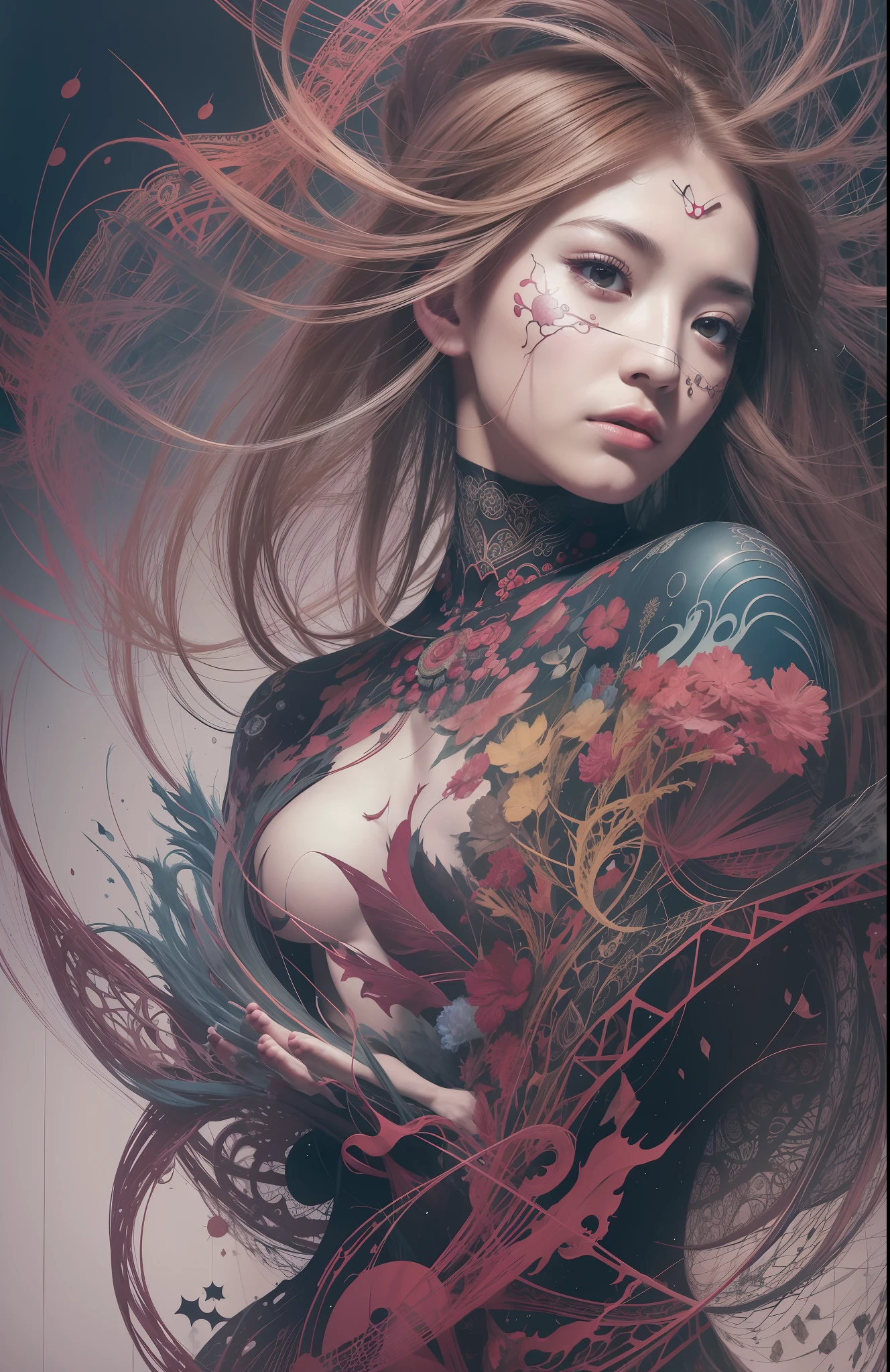 official art, unity 8k wallpaper, ultra detailed, beautiful and aesthetic, masterpiece, best quality, (zentangle, mandala, tangle, entangle), (fractal art:1.3) , 1girl, extremely detailed, dynamic angle, cowboyshot, the most beautiful form of chaos, elegant, a brutalist designed, vivid colours, romanticism, by james jean, roby dwi antono, ross tran, francis bacon, michal mraz, adrian ghenie, petra cortright, gerhard richter, takato yamamoto, ashley wood, atmospheric, ecstasy of musical notes, streaming musical notes visible