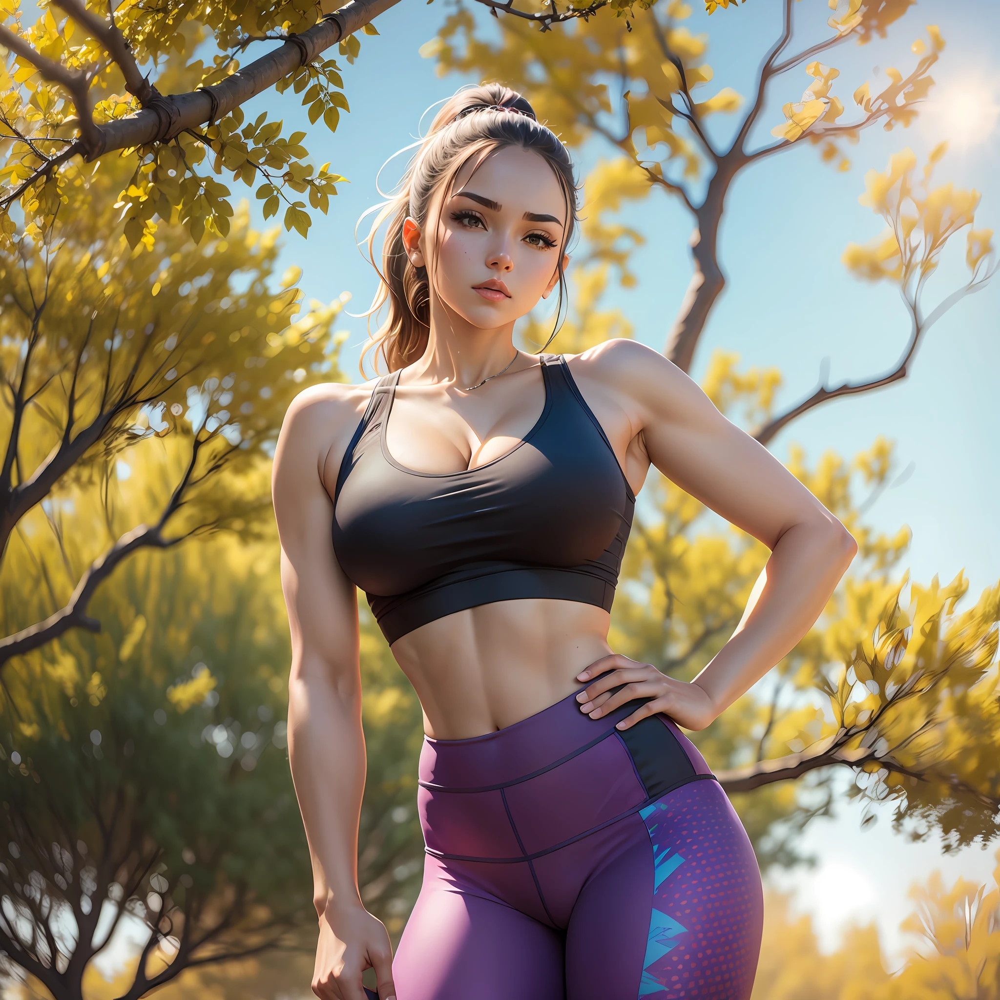 leggings, cleavage, sports bra, detailed face, colorful clothing, park, sky, tree, overexposed --auto --s2