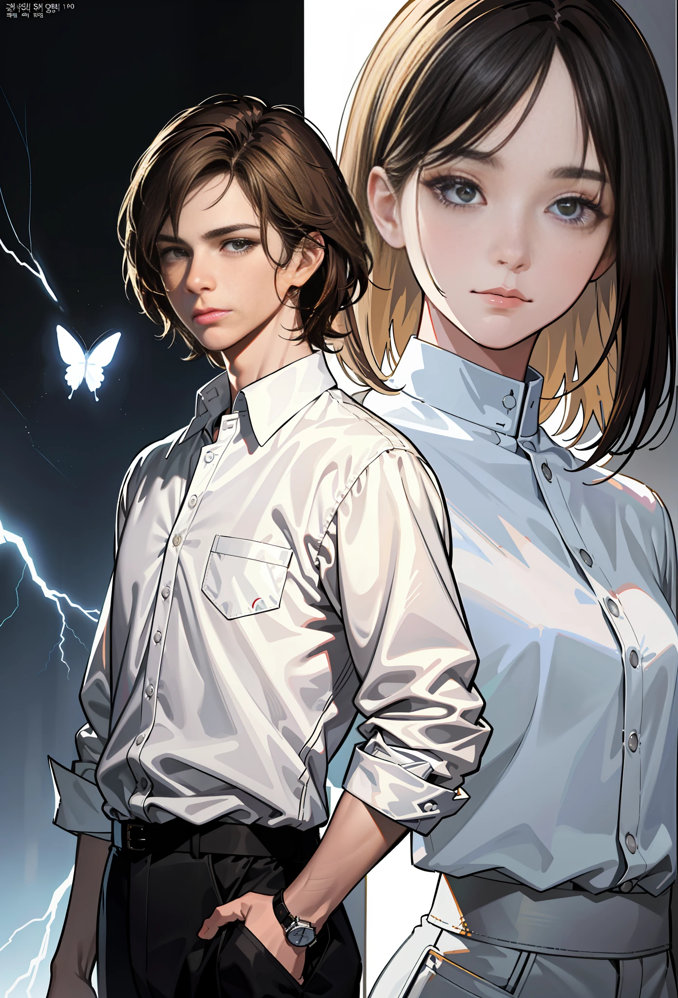 movie poster, butterfly, science fiction, movie, atmosphere, sky, male and female couple, blonde and long-haired woman, adult, (realism: 1.4), top quality, masterpiece, male, thin, (1 man, white loose shirt, black pants, viewer watch, brown hair, gray eyes, closed mouth, upper body), (idol face, Korean face, sharp eyeliner) (male), (face focus, potreit, Lightning in the movie, (light spring theme, short-haired man),((close-up of female face on background of man standing in foreground))