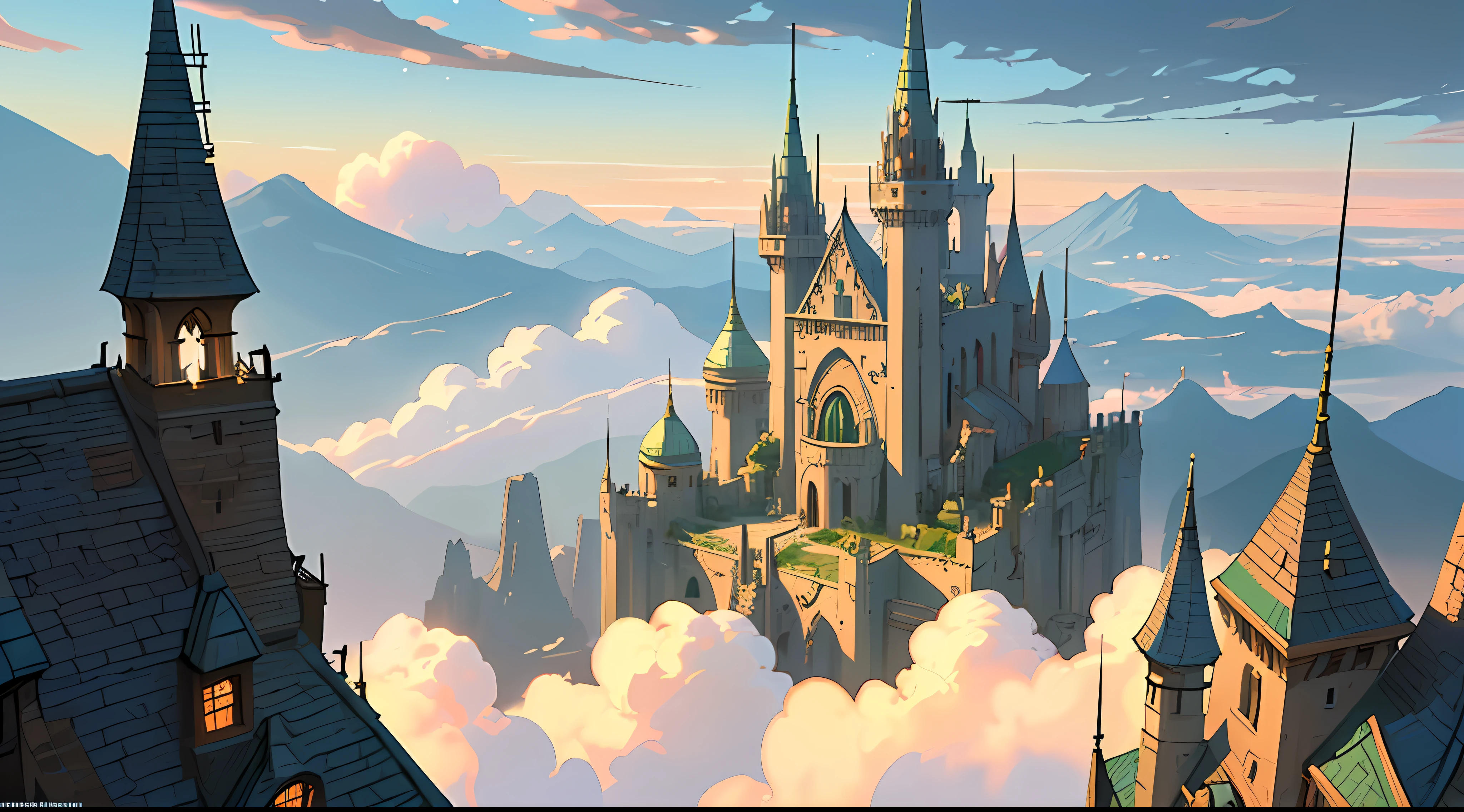 (Ultra detailed), (masterpiece), (best quality), (very detailed CG unit 8k wallpaper), an elf looking at a medieval city, concept art, cinematic, deformed clouds in the sky, highly detailed, stylized wallpaper