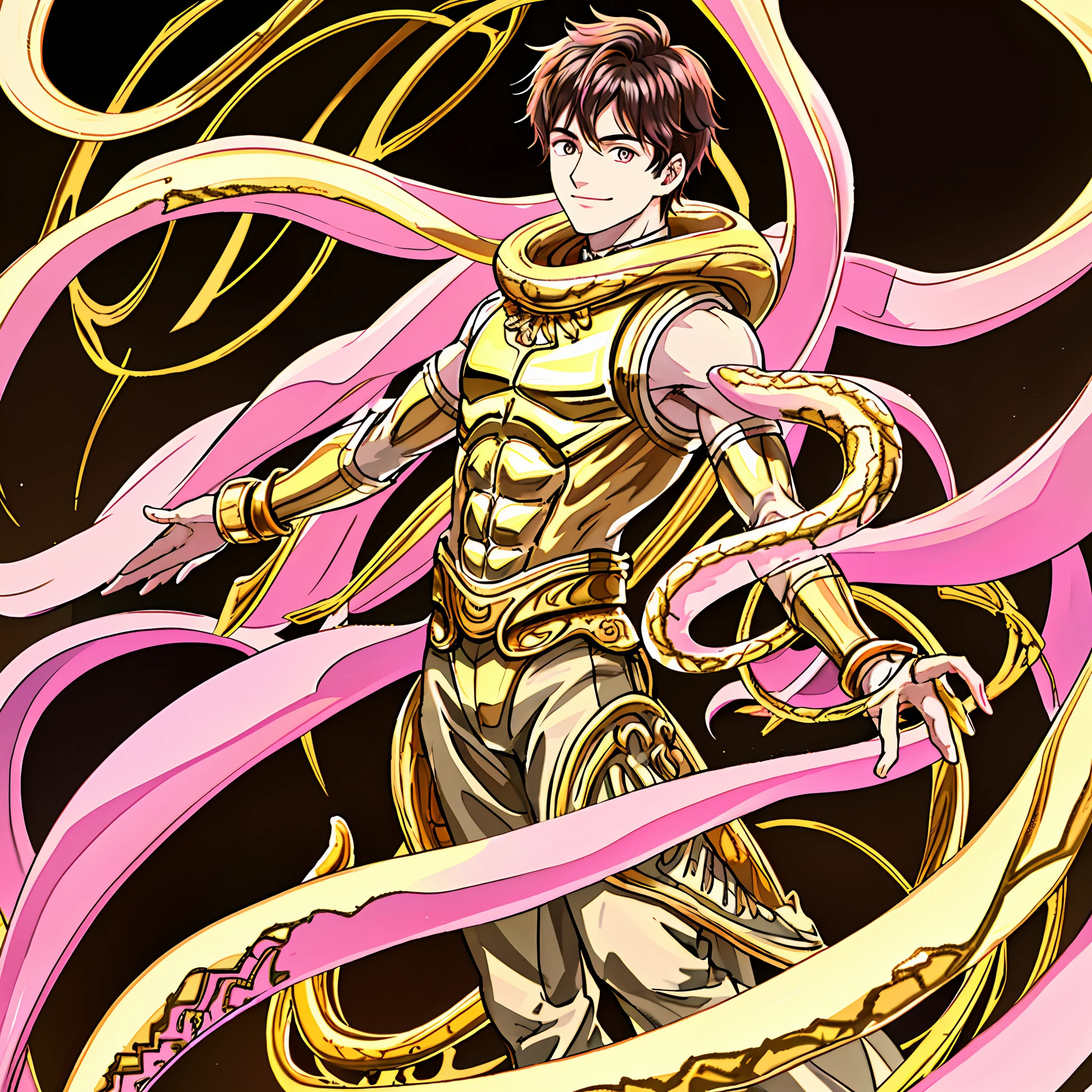 Young man with heterochromic eyes, smiling standing with his arms outstretched, well-structured male body, gold jewelry on his body, dark brown hair, reflection of pink light,, white scenery background, floor with many ultra-detailed pink snakes