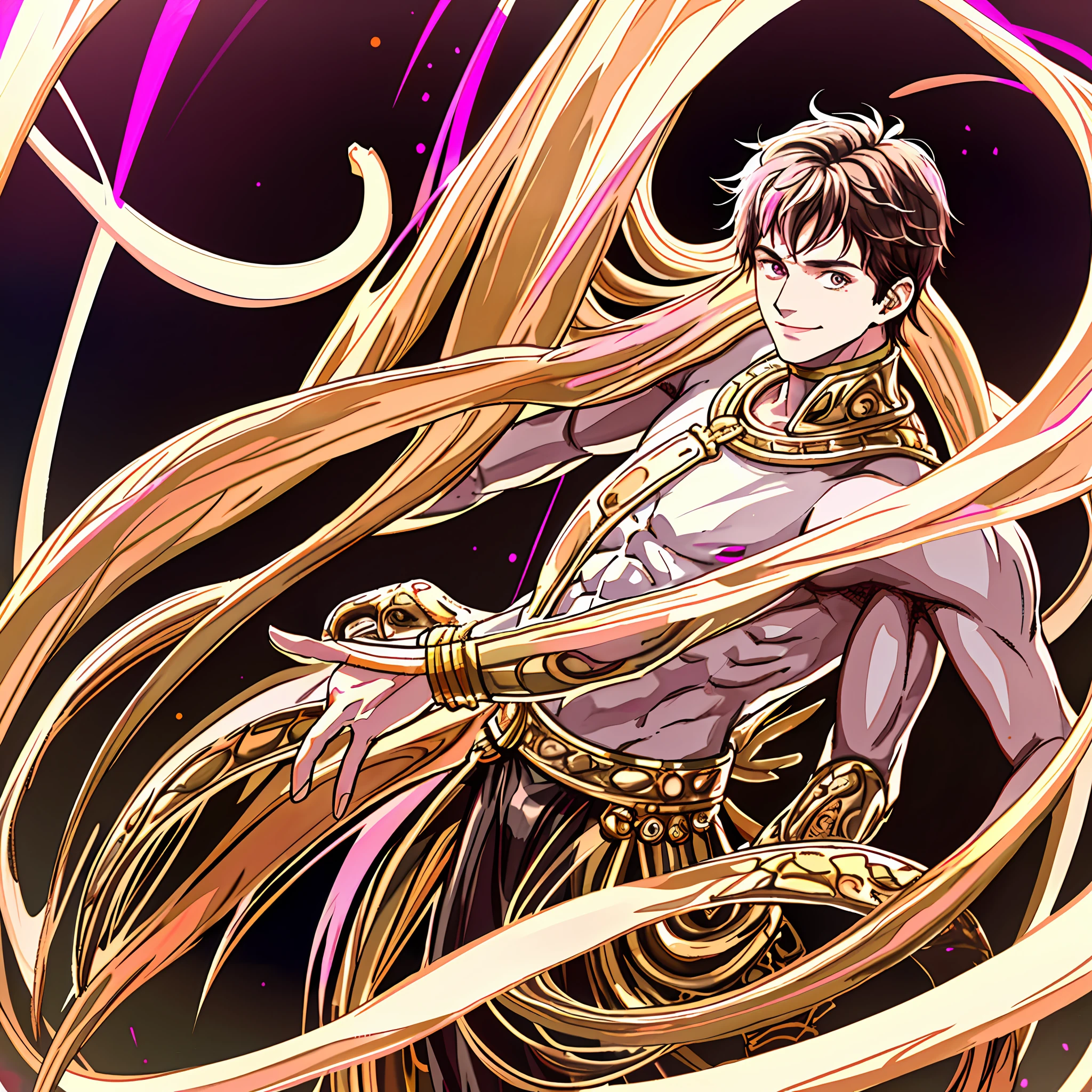 Young man with heterochromic eyes, smiling standing with his arms outstretched, well-structured male body, gold jewelry on his body, dark brown hair, reflection of pink light,, white scenery background, floor with many ultra-detailed pink snakes
