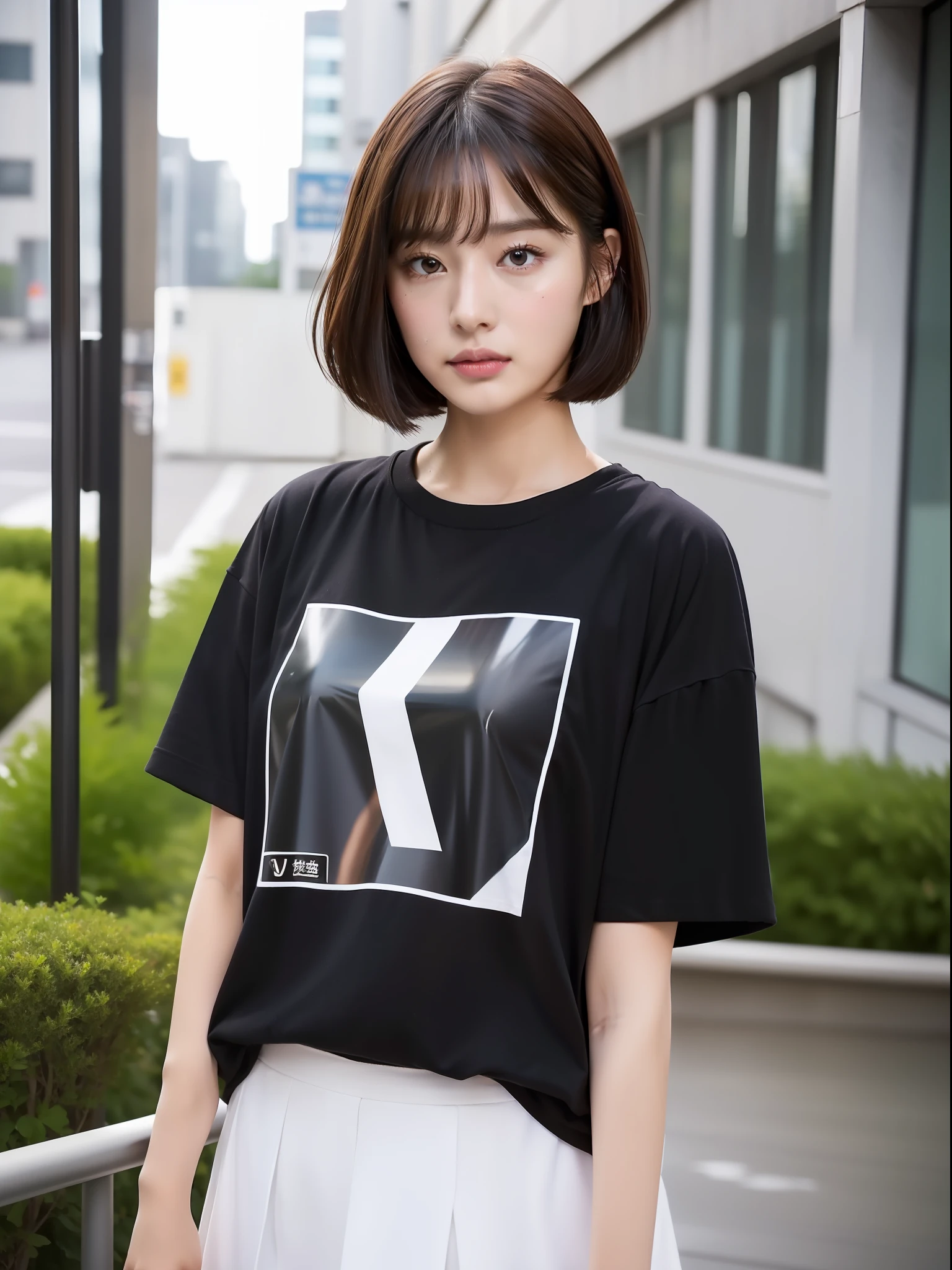 High quality fashion photography, (8k:1.27), (best quality, masterpiece, super high definition: 1.2), (1 girl:1.8), (solo:1.8), (rain: 1.2), Suzu Hirose, Japan actress, Instagram photo, street snap, high school student, cute Japan woman photo (beautiful: 1.1), t-shirt, oversized t-shirt, (large t-shirt: 2), Black T-shirt, photo T-shirt, heavyweight T-shirt, very detailed face and skin texture, delicate eyes, double eyelids, whitening skin, short hair, short hair, Japan streetwear, wearing oversized t-shirt, brown hair, skirt, raining, she has an umbrella