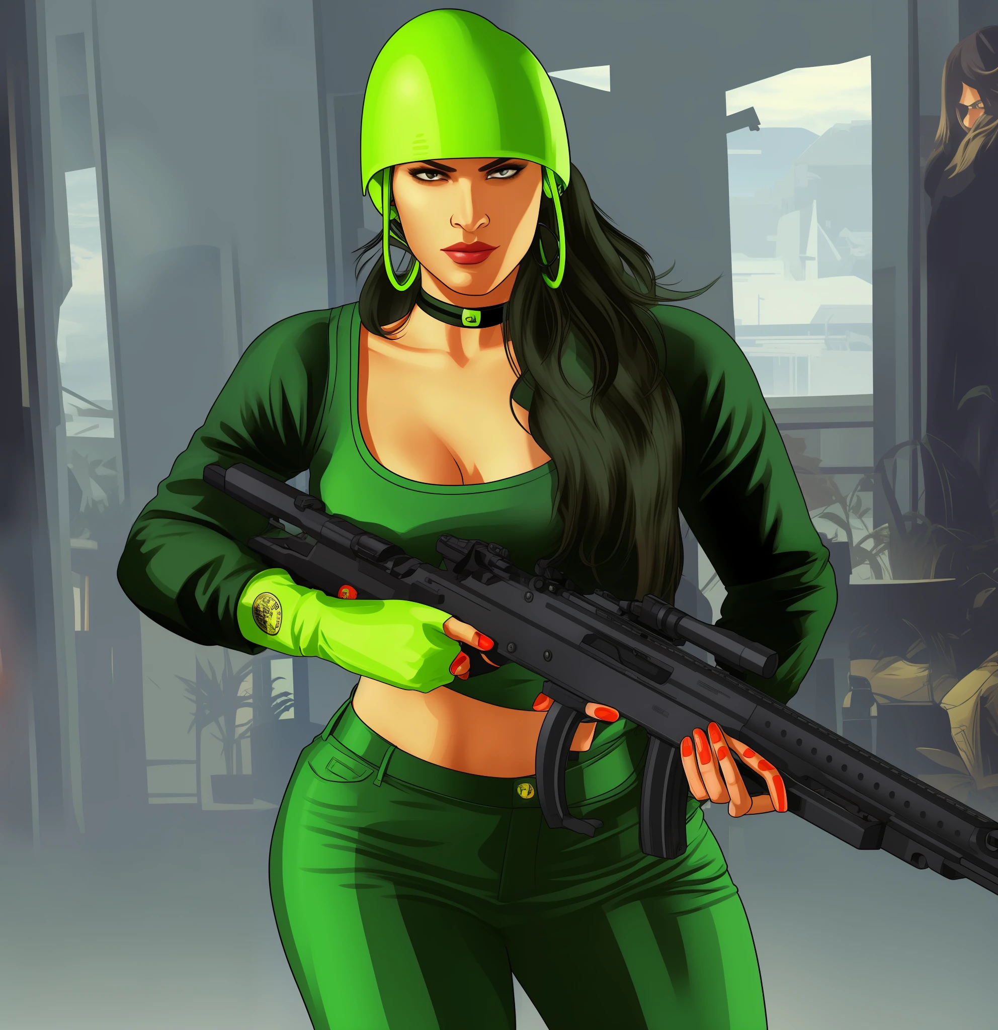 a beautiful woman holding a rifle in a room looking for camera, GTA style, model girl, GTA character, in a GTA setting, green pants, green top, 6 colored neon bracelets, long black hair, green military band on the head
