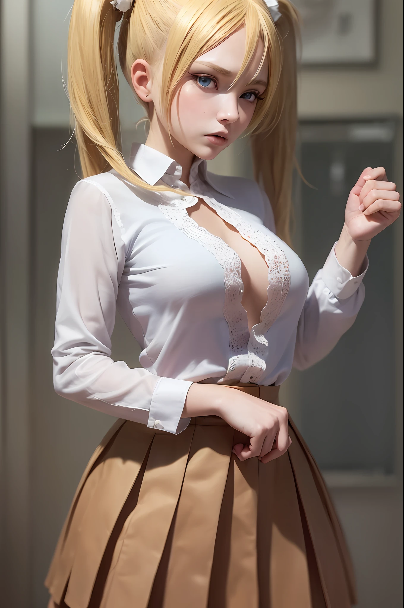 masterpiece, best quality, super detailed, beautiful detailed face, intricate details, flat color, depth of field, outline, overall view, camera far away, girl, standing far, teenager, anime, standing, standing upright, full-length, visible at full height, wide stance, (legs wide apart: 1.4), hands on the waist, (hands on the belt: 1.3), elbows to the sides, holding a sheet of paper with the inscription "do not offend anime",  (fighting stance:1.2), looks at the viewer, (village:1), nature, (blonde:1.6), (twintails:1.5), red pleated miniskirt, red skirt, white shirt, white shirt, unbuttoned top buttons, unbuttoned shirt, white blouse, (without bra:1.1), plunging neckline, black tights, detailed skin texture, detailed fabric texture, huge breasts, (blue eyes:1,1), (ruddy:1), dissatisfied, angry, furious, (frowned:1.5)