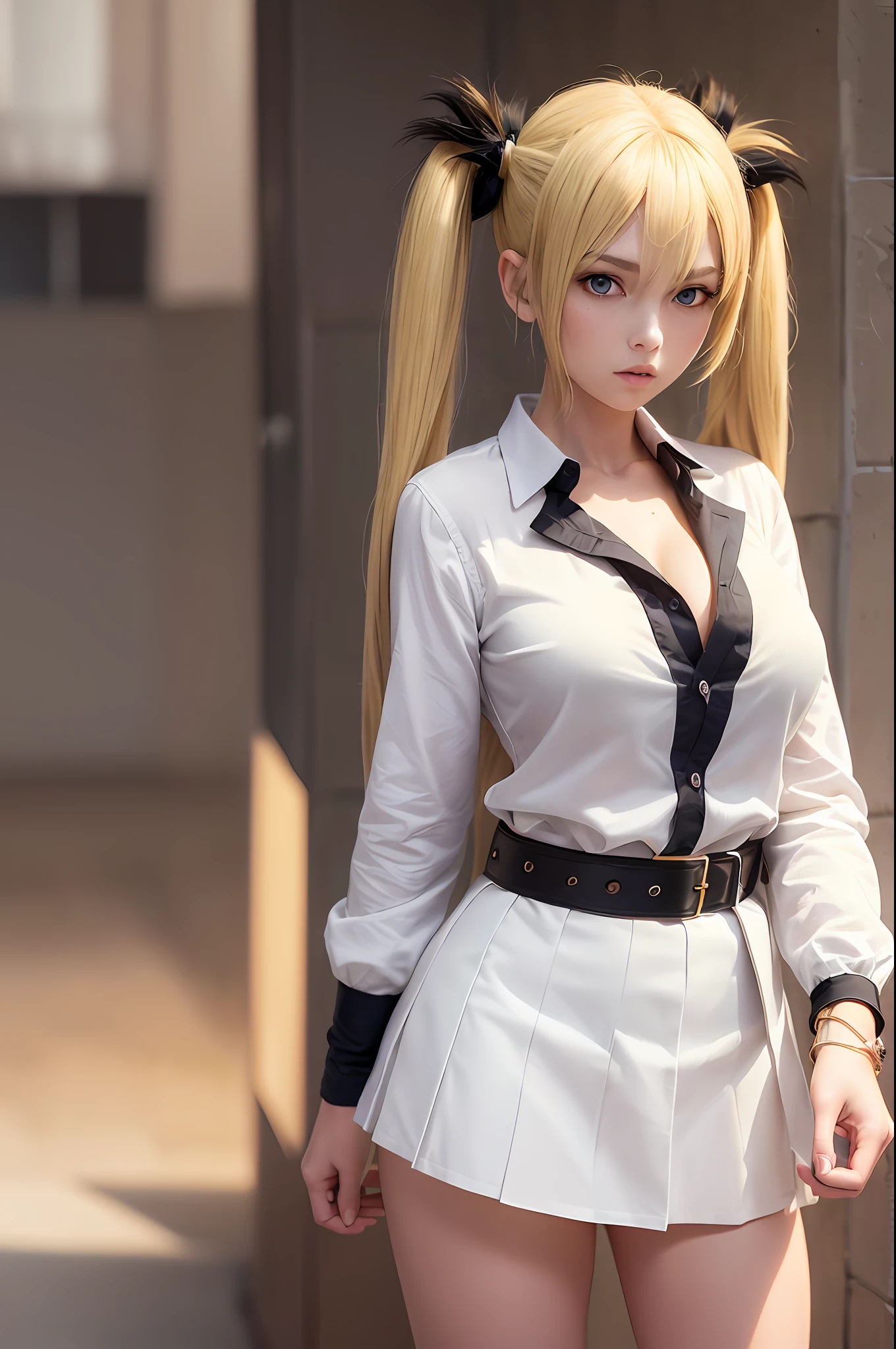 masterpiece, best quality, super detailed, beautiful detailed face, intricate details, flat color, depth of field, outline, overall view, camera far away, girl, standing far, teenager, anime, standing, standing upright, full-length, visible at full height, wide stance, (legs wide apart: 1.4), hands on the waist, (hands on the belt: 1.3), elbows to the sides, holding a sheet of paper with the inscription "do not offend anime",  (fighting stance:1.2), looks at the viewer, (village:1), nature, (blonde:1.6), (twintails:1.5), red pleated miniskirt, red skirt, white shirt, white shirt, unbuttoned top buttons, unbuttoned shirt, white blouse, (without bra:1.1), plunging neckline, black tights, detailed skin texture, detailed fabric texture, huge breasts, (blue eyes:1,1), (ruddy:1), dissatisfied, angry, furious, (frowned:1.5)