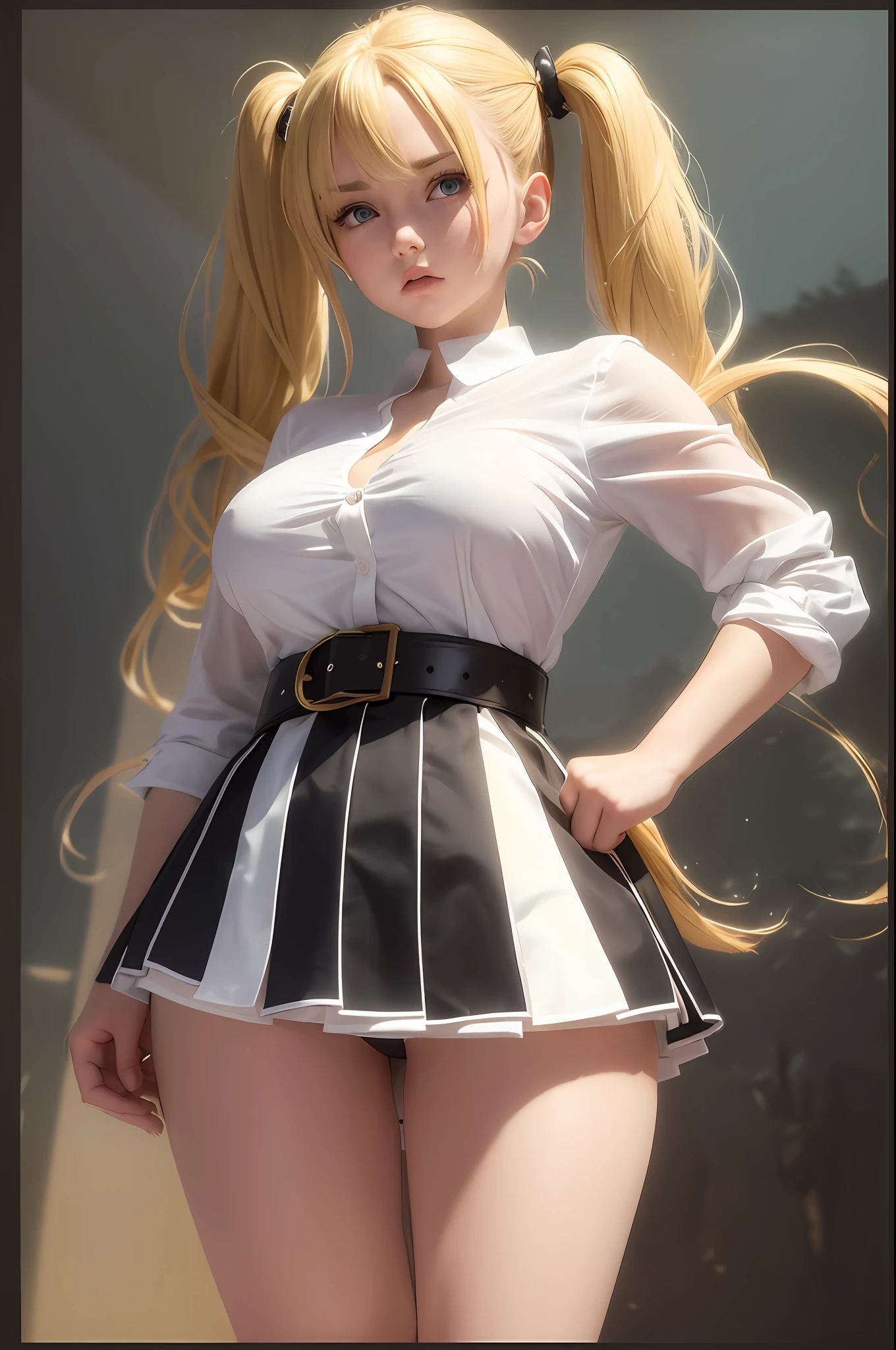 masterpiece, best quality, super detailed, beautiful detailed face, intricate details, flat color, depth of field, outline, overall view, camera far away, girl, standing far, teenager, anime, standing, standing upright, full-length, visible at full height, wide stance, (legs wide apart: 1.4), hands on the waist, (hands on the belt: 1.3), elbows to the sides, holding a sheet of paper with the inscription "do not offend anime", (fighting stance:1.2), looks at the viewer, (village:1), nature, (blonde:1.6), (twintails:1.5), red pleated miniskirt, red skirt, white shirt, white shirt, unbuttoned top buttons, unbuttoned shirt, white blouse, (without bra:1.1), plunging neckline, black tights, detailed skin texture, detailed fabric texture, huge breasts, (blue eyes:1,1), (ruddy:1), dissatisfied, angry, furious, (frowned:1.5)