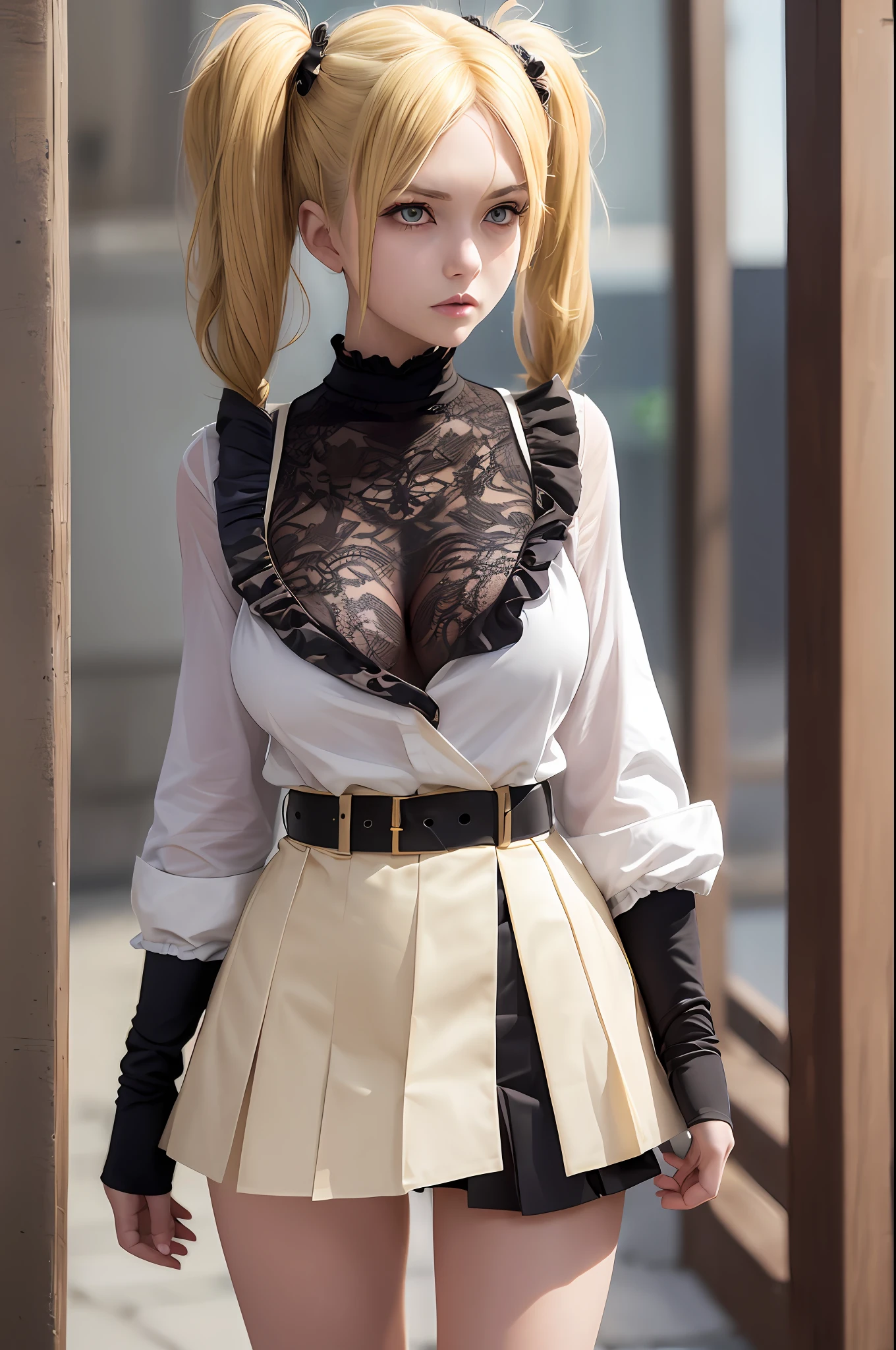 masterpiece, best quality, super detailed, beautiful detailed face, intricate details, flat color, depth of field, outline, overall view, camera far away, girl, standing far, ager, anime, standing, standing upright, full-length, visible at full height, wide stance, (legs wide apart: 1.4), hands on the waist, (hands on the belt: 1.3), elbows to the sides, holding a sheet of paper with the inscription "do not offend anime", (fighting stance:1.2), looks at the viewer, (village:1), nature, (blonde:1.6), (twintails:1.5), red pleated miniskirt, red skirt, white shirt, white shirt, unbuttoned top buttons, unbuttoned shirt, white blouse, (without bra:1.1), plunging neckline, black tights, detailed skin texture, detailed fabric texture, huge breasts, (blue eyes:1,1), (ruddy:1), dissatisfied, angry, furious, (frowned:1.5)
