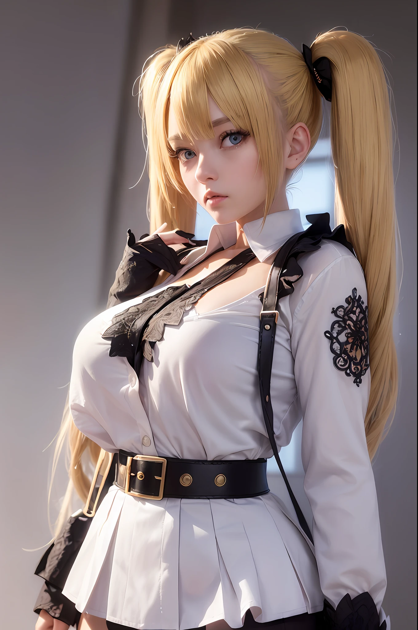 masterpiece, best quality, super detailed, beautiful detailed face, intricate details, flat color, depth of field, outline, overall view, camera far away, girl, standing far, ager, anime, standing, standing upright, full-length, visible full-length, wide stance, (legs wide apart: 1.4), hands on the waist, (hands on the belt: 1.3), (holds a sign with the inscription "do not offend anime people": 1.6), (combat stance: 1.2), looks at the viewer, (village:1), nature, (blonde:1.6), (twintails:1.5), red pleated miniskirt, red skirt, white shirt, white shirt, unbuttoned top buttons, unbuttoned shirt, white blouse, (no bra:1.1), plunging neckline, black tights, detailed skin texture, detailed fabric texture, huge breasts, (blue eyes:1,1), (ruddy:1), dissatisfied, angry, furious, (frowned:1.5)