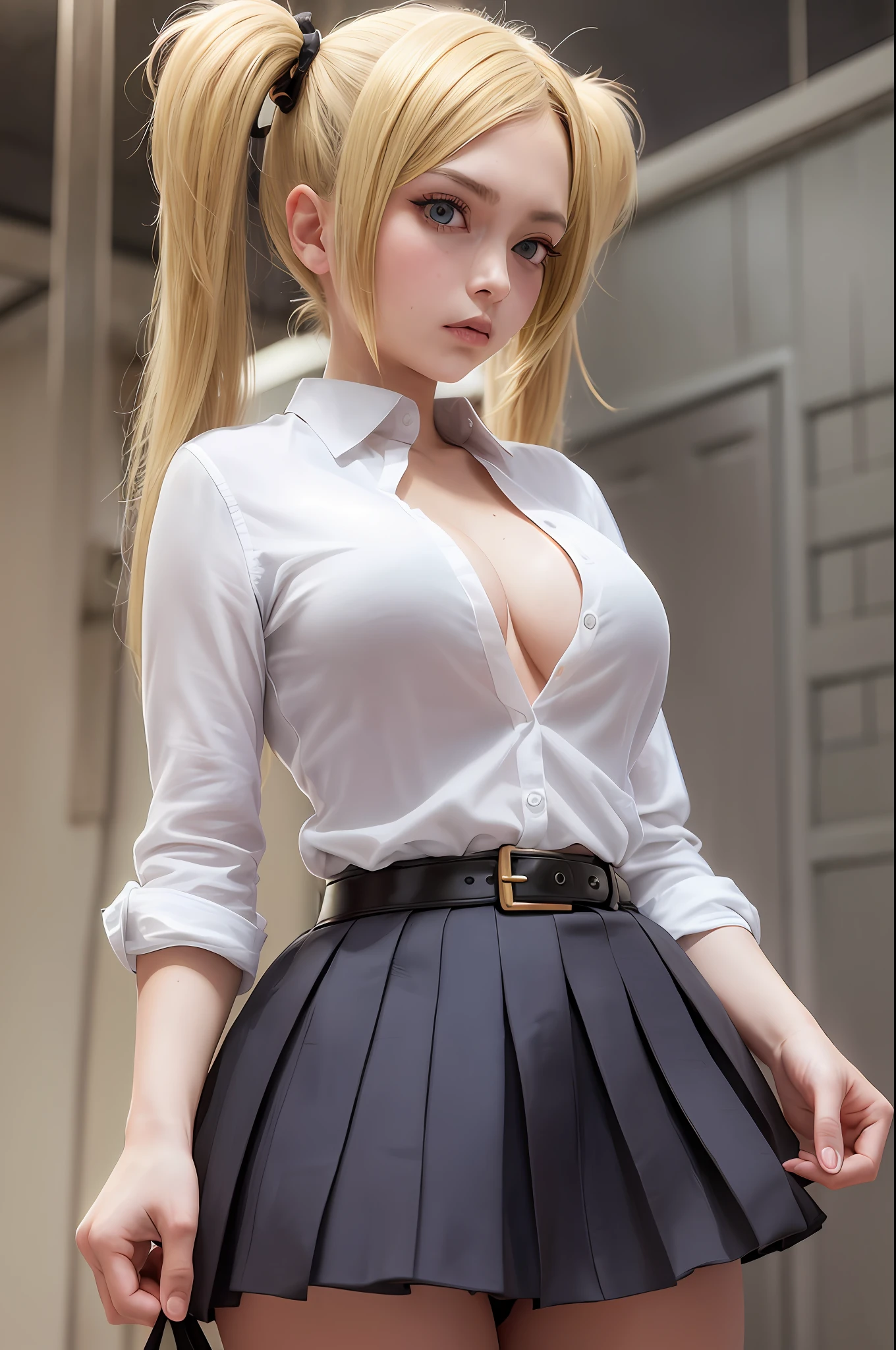 masterpiece, best quality, super detailed, beautiful detailed face, intricate details, flat color, depth of field, outline, overall view, camera far away, girl, standing far, teenager, anime, standing, standing upright, full-length, visible full-length, wide stance, (legs wide apart: 1.4), hands on the waist, (hands on the belt: 1.3), (holds a sign with the inscription "do not offend anime people": 1.6), (combat stance: 1.2),  looks at the viewer, (village:1), nature, (blonde:1.6), (twintails:1.5), red pleated miniskirt, red skirt, white shirt, white shirt, unbuttoned top buttons, unbuttoned shirt, white blouse, (no bra:1.1), plunging neckline, black tights, detailed skin texture, detailed fabric texture, huge breasts, (blue eyes:1,1), (ruddy:1), dissatisfied, angry, furious, (frowned:1.5)