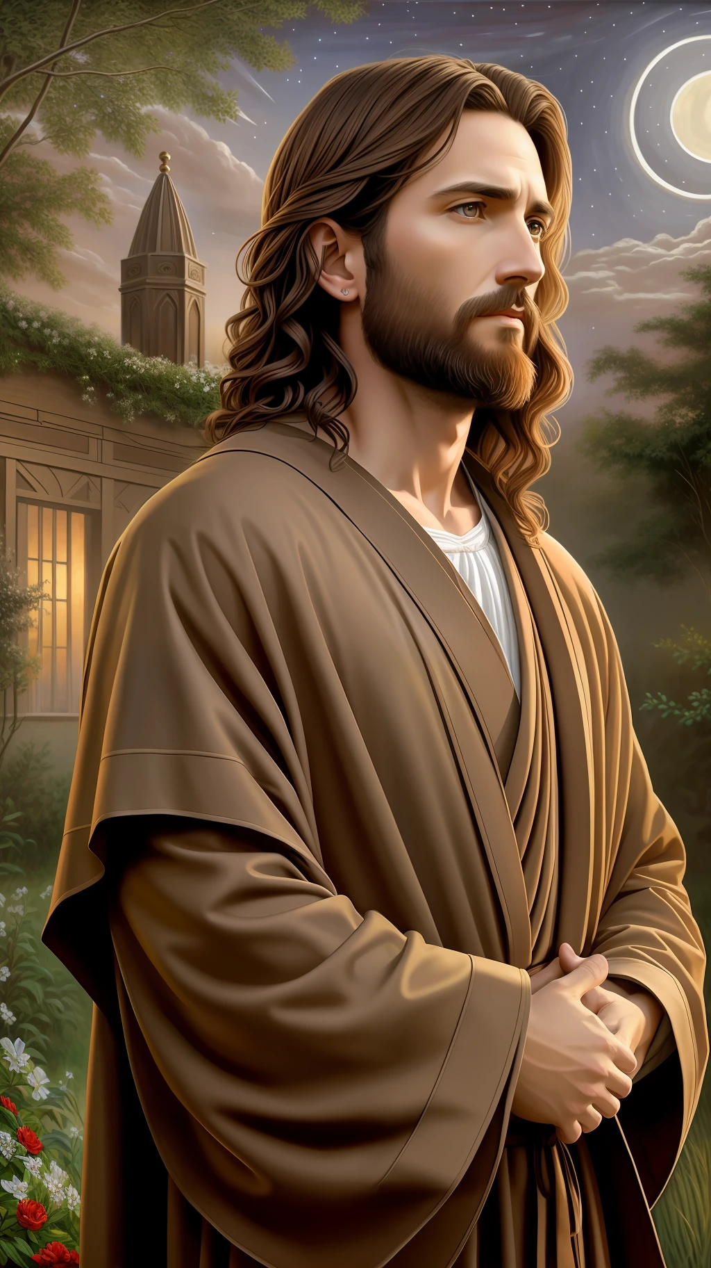 Jesus Christ (biblical male) robes of his time, brown hair and brown coats, hyper realistic, contemplative-looking, looking up in a garden at night illuminated by moonlight (detailed oil painting style) --auto --s2