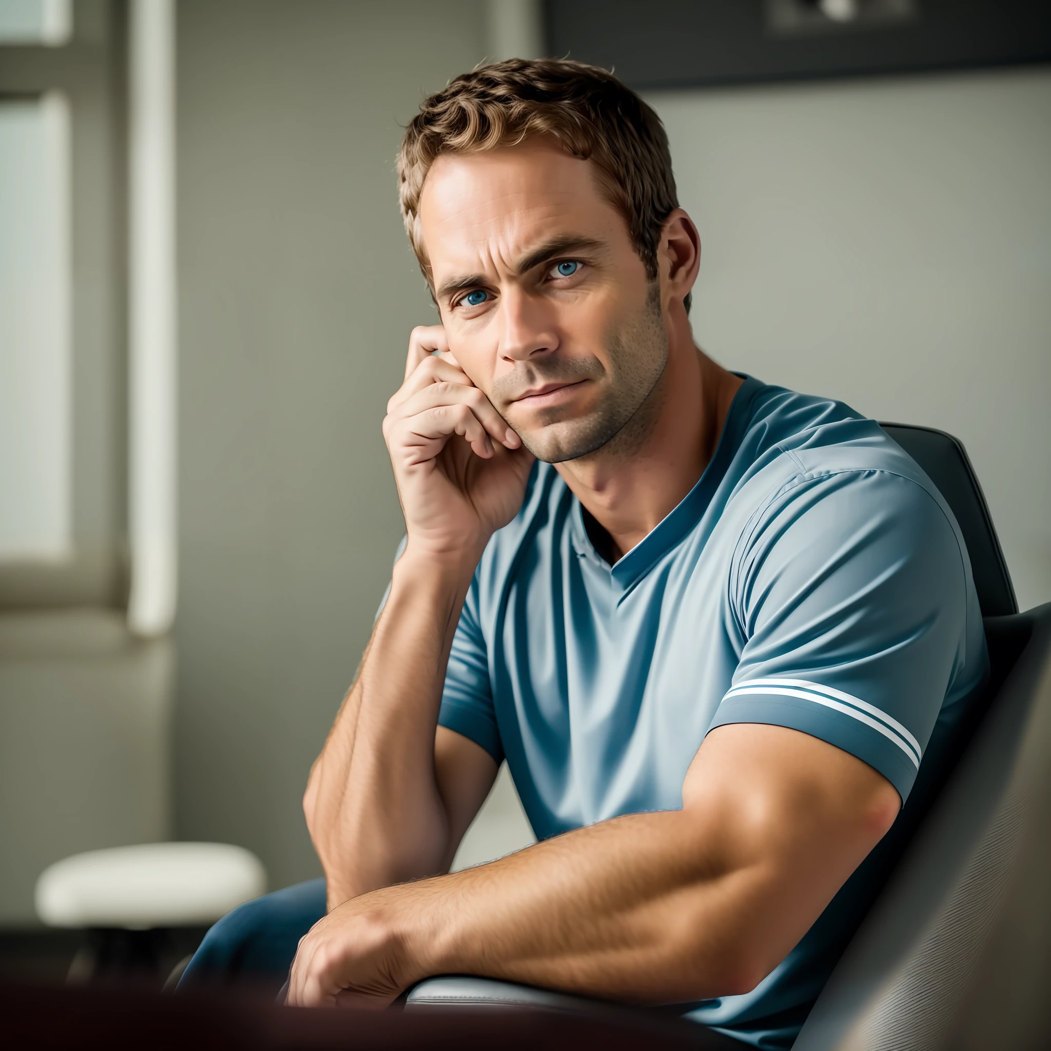 A professional photograph of Ted Bundy sitting in an armchair. looking directly at the camera, with an intense and penetrating gaze, capturing its magnetic presence, Photography, 85mm portrait lens, --air 16:9 --v 5