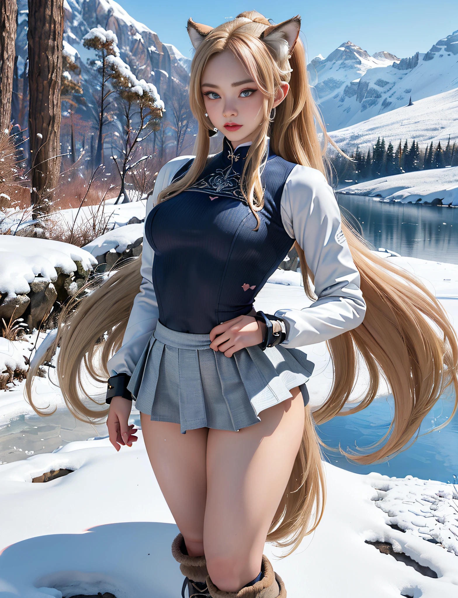 ((very detailed RAW color photo)), (((1 girl))), (((alone))), (((31 years))), ((athletic)), ((very defined toned physique)), ((very defined and beautiful muscular body)), (((very detailed perfect body))), (((small and defined breasts))), (((ultra defined curves))), (((superior quality, 8k, masterpiece: 1.3)), sharp focus: 1.2, (((extremely beautiful girl with perfect figure: 1.4))), ((very thin waist: 1.2)), ultra detailed skin texture, ((perfect and beautiful hands)), ((smooth and soft skin)), (ultra detailed fabric texture), extremely beautiful ultra detailed face, (((extremely beautiful))), intricate details, ultra detailed, (((girl wearing a tight thermal mountain jacket with skirt and hiking boots))), (((extremely long straight blonde hair))), extremely beautiful, (((extra long ponytail with bangs))), ((very detailed and beautiful wolf ears)), (hair on the face), ((hair ribbon)), dynamic pose, ((uniform leaves thighs exposed)), ((ultra detailed and toned legs)), (((ultra detailed waist))), (((very wide hips))), (((very thick and toned thighs))), (sexy), (((extreme hourglass figure))), (((very thick heart lips))), ((red lipstick)), ((ultra detailed lips)), ((ultra detailed blue eyes)), ((angry look)), (((staring at the viewer))), ultra-detailed provocative mouth, extremely beautiful seductive lips, ((blushing)), (makeup), (((ultra-defined waist))), eye shadow, (full body shot), on a snowy mountain, outdoors, with a beautiful lake.