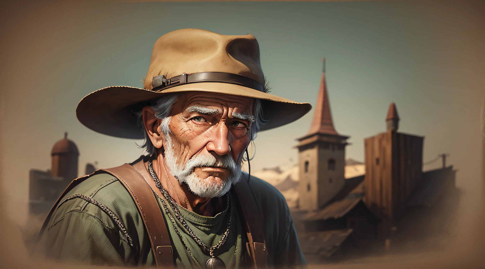 Old farmer on his back, with hat, in the background a chain of montanas, cinema drawing style --auto --s2