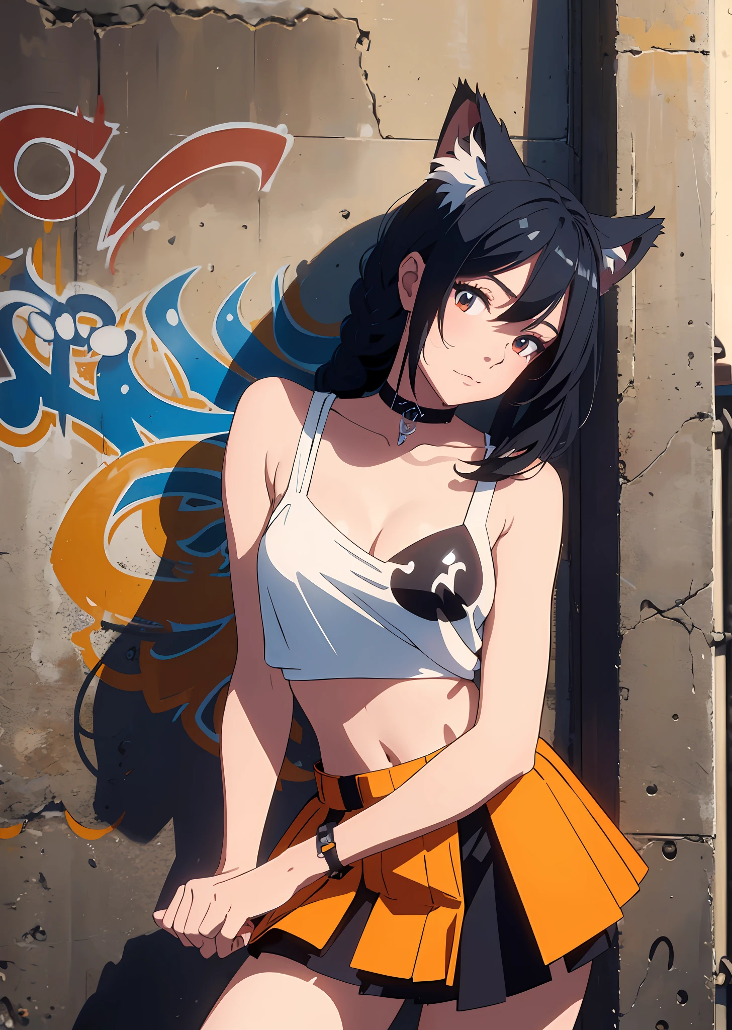 masterpiece, supreme quality, 1girl, solo performance, chic cropped top, vivid blackhair, (plush cat ears), sophisticated braid, gentle fringe, captivating choker, (graffiti: 1.5), artistic paint splashes, enticing arms behind back, leaning on wall, gazing at viewer, trendy armband, urban hip-hop flair, (flirtatious skirt), mischievous head tilt, powerful expression, warm orange hues, energetic asymmetrical layout, striking geometric patterns, imaginative street art, interplay of sunlight and shadows,8k,blue flames --auto --s2