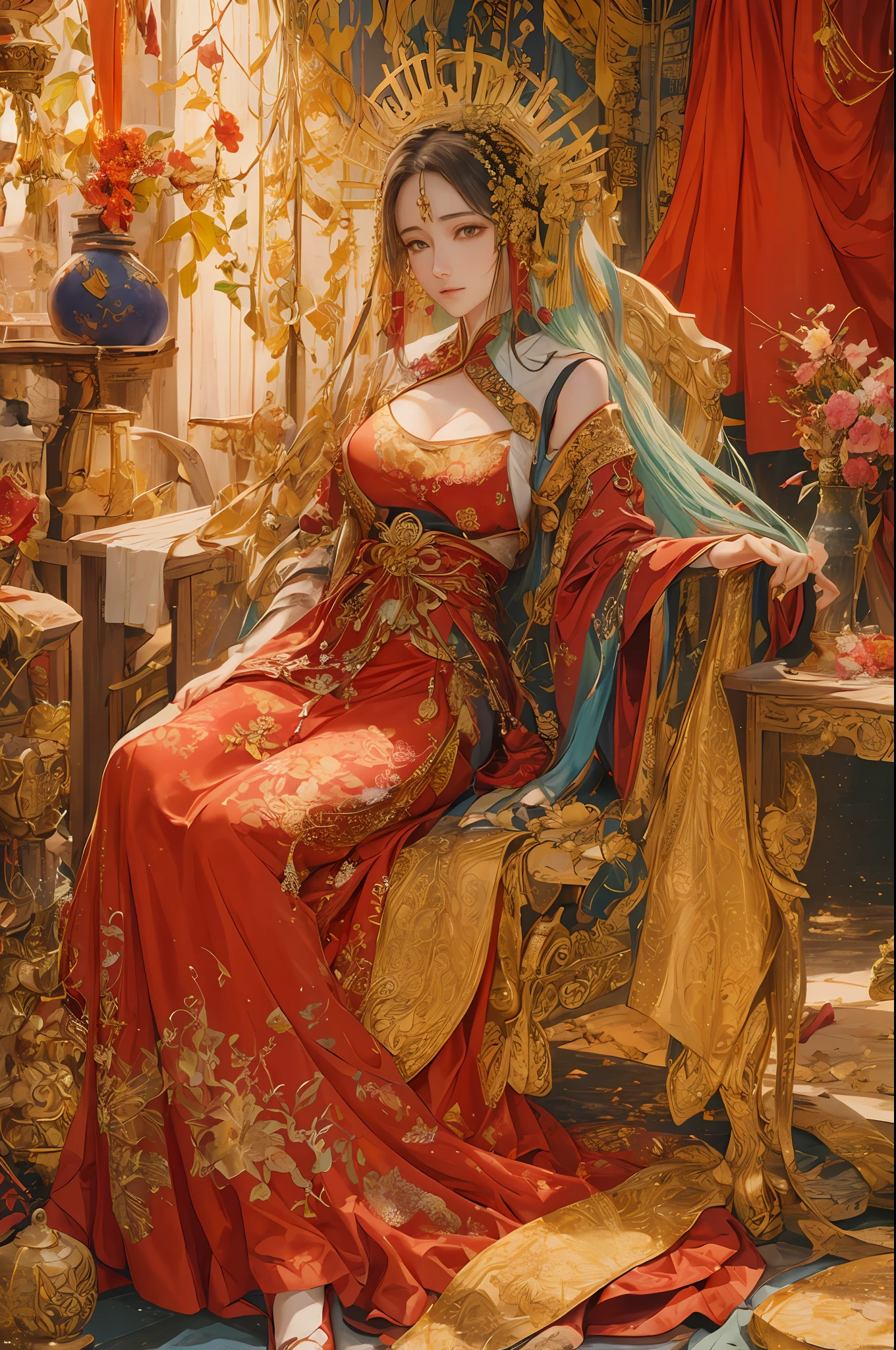 ((cover of Fashion magazine)), lots of words, (Marian Rivera), ray tracing, ((ultra vibrant)), intricate details,highly detailed,perfect face, slender, thin, (mature woman:1.2) ,shiny skin, narrow waist, skindentation,  a woman sitting on a chair wearing an asian dress, in the style of floralpunk, exquisite clothing detail, fujifilm x-t4, red and gold, official art, lev lagorio, anime art , silk, beautiful hanfu, gorgeous hanfu, multilayer hanfu, multicolor hanfu, colorful hanfu, luxurious fabrics, gold leaf, ((lots of fabric)) , floralpunk, (red and gold, qing dynasty, high quality photo, cult party kei),  absurdres, highres, ultra detailed, (ultra-detailed background, detailed background), extremly detailed, 1girl, 20 years old,  zentangle:1.2, geometric:1.2, lots of words, sexy huge breasts,