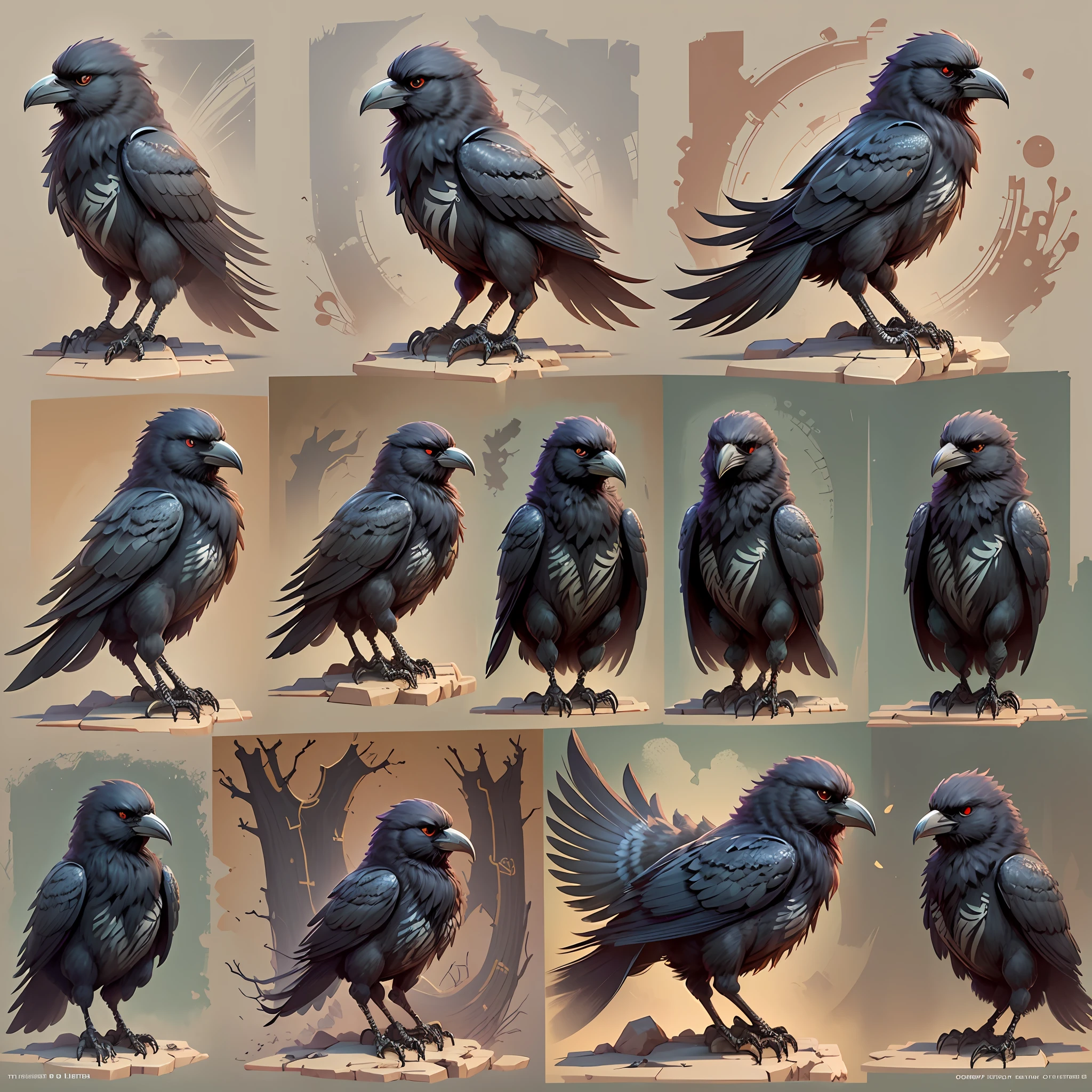 Create a model sheet for a bipedal manga-style anthropomorphic crow. She should be cute and adorable, with big expressive eyes. In addition, he should have a shy and gentle personality. Draw the crow in at least four different poses: sitting, walking head-on, walking in profile, and walking in 3/4 view. Be sure to draw the crow at least four different angles: front, profile, half side to right, and half side to left. This will allow you to create a full 360-degree animation. Include detailed information about your anatomy, such as body proportions and tail layout. Remember that the crow should be drawn with two legs, presenting a natural and balanced posture in all poses. Also, choose a soft color palette that reflects the crow's personality. Remember to emphasize facial expressions to convey your emotions. --auto --s2