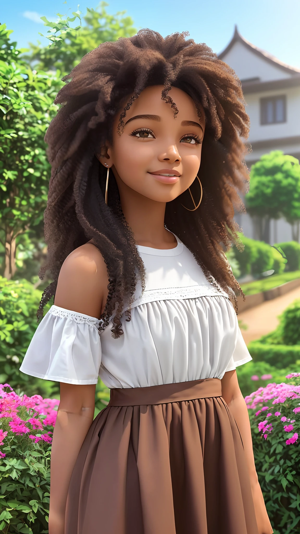 3D a  girl is pele morena escura, (((solo))), telegram sticker, no parque (((sentada))),  creating a soft, long dress female, (((retrato realismo))), (girl afro-americana) (((brown hair))), (((close-up  afeições faciais detalhadas: 1.15))), (((cabelos mega hair))),  freedom, profile image, standing confidently, she is the center of the garden, smiling face, listing image, 8k, dreams --auto --s2