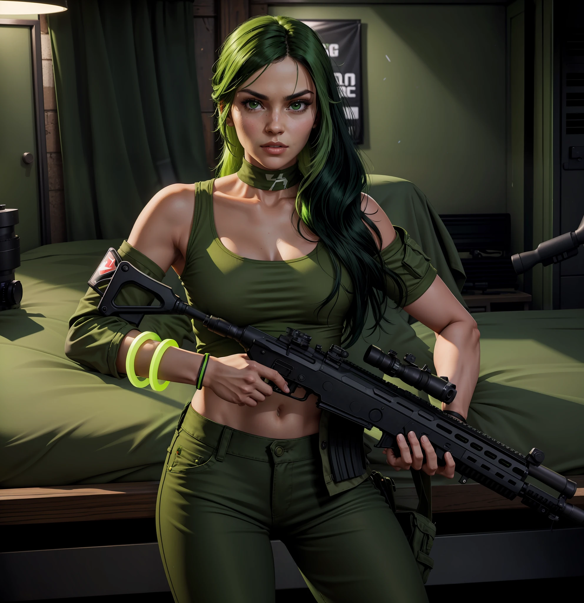 a beautiful woman holding a rifle in a room looking for camera, GTA style, model girl, GTA character, in a GTA setting, green pants, green top, 6 colored neon bracelets, long black hair, green military band on the head