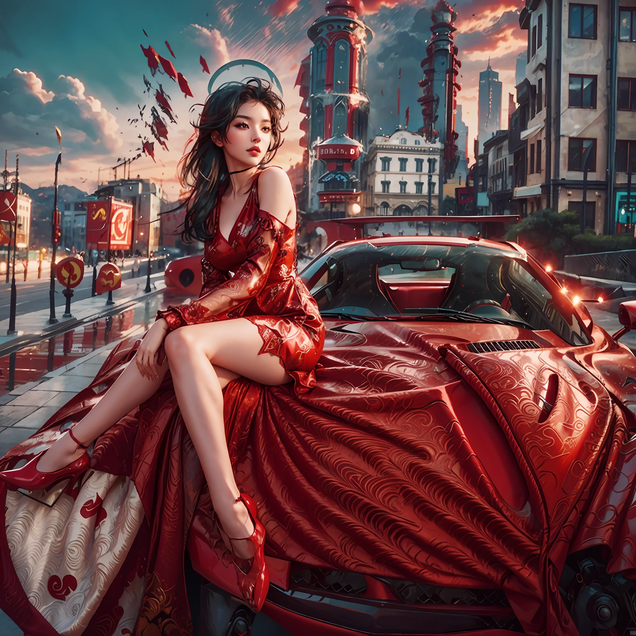 Beautiful and seductive woman sitting on a red ferrari, wearing a red silk dress, beautiful city in the background --auto --s2