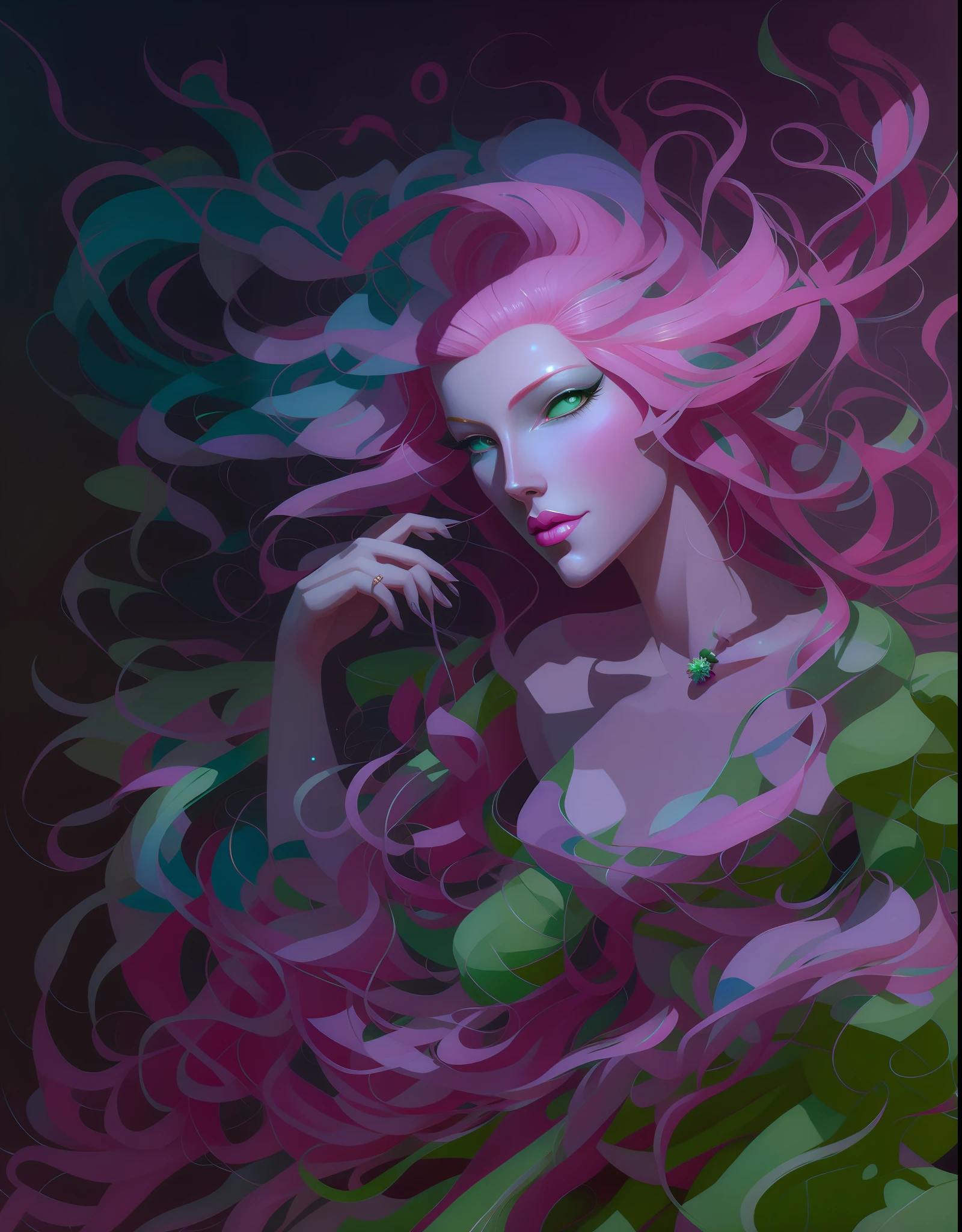 painting of a woman with pink hair and a green dress, artgerm julie bell beeple, jen bartel, peter mohrbacher style, inspired by Yanjun Cheng, in style of peter mohrbacher, peter mohrbacher'', peter mohrbacher c 2 0, james jean and wlop, style of peter mohrbacher
