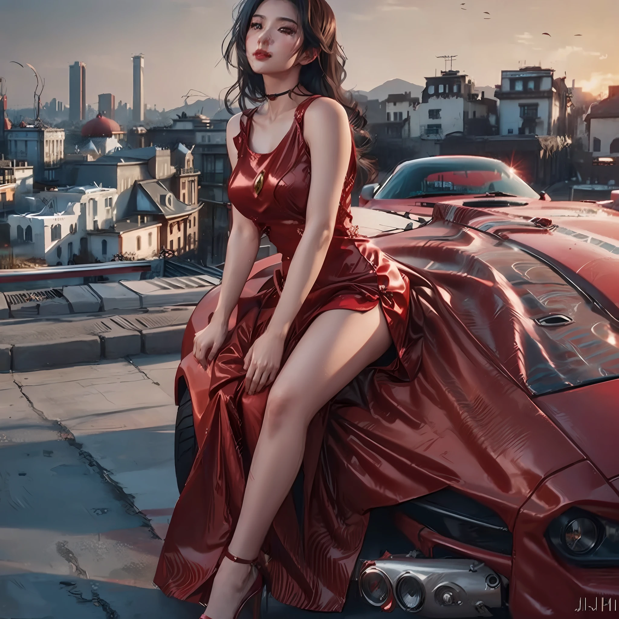 Beautiful and seductive woman sitting on a red ferrari, wearing a red silk dress, beautiful city in the background --auto --s2