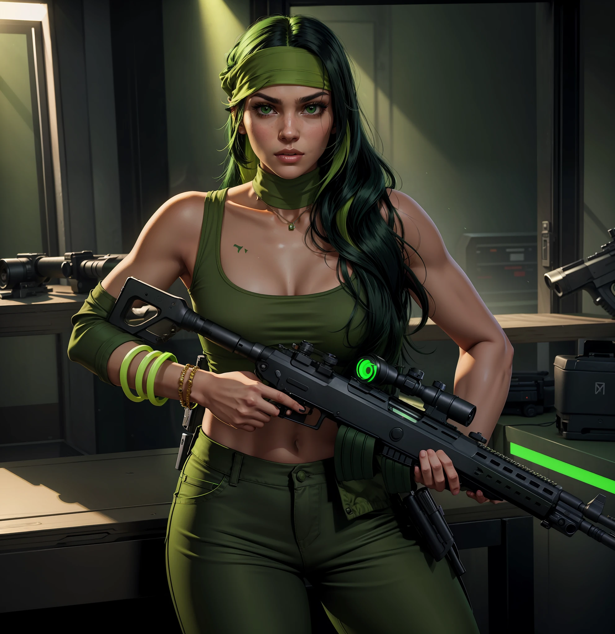 a beautiful woman holding a rifle in a room looking for camera, GTA style, model girl, GTA character, in a GTA setting, green pants, green top, 6 colored neon bracelets, long black hair, green military band on the head