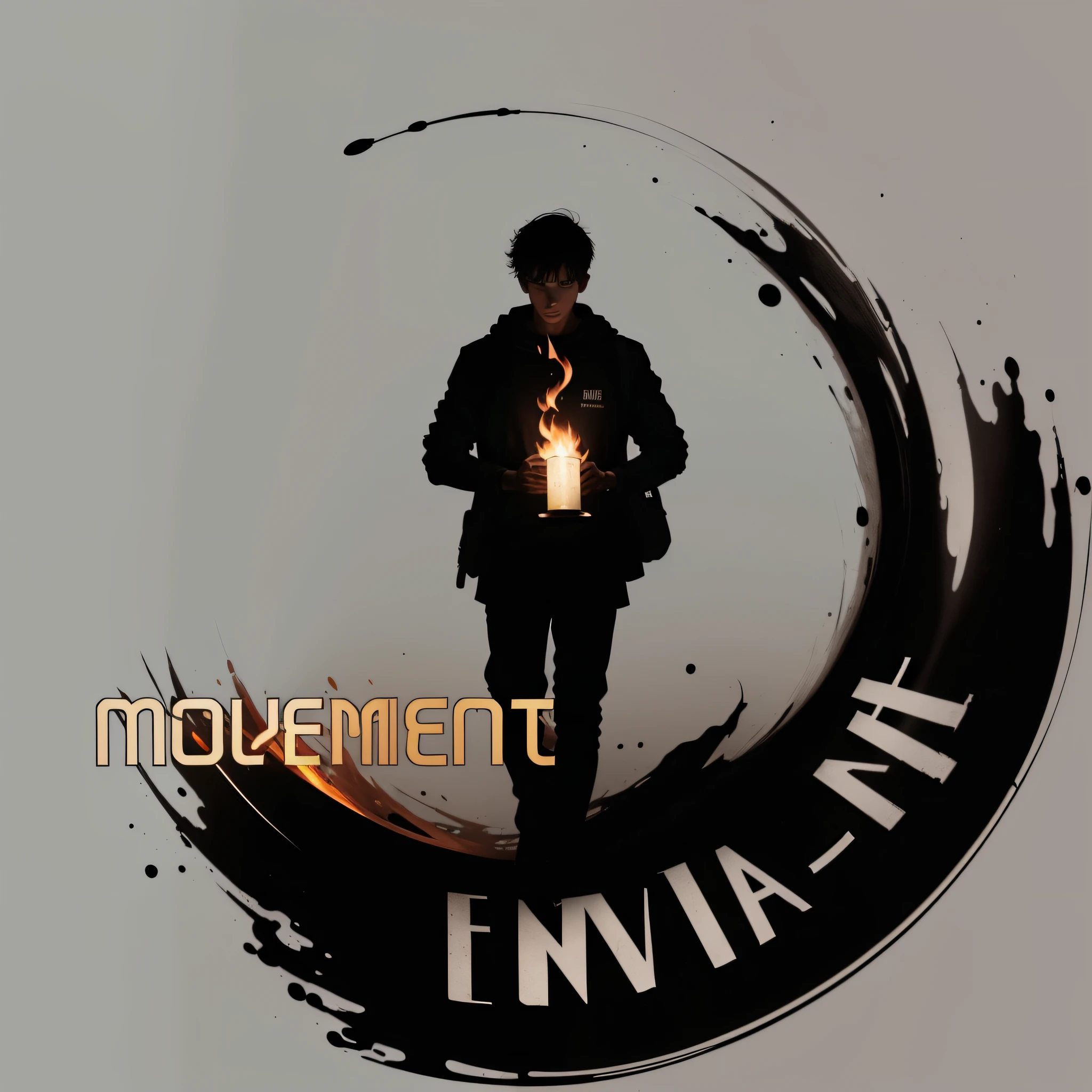 "(Young man holding a flame and a Bible), minimalism, background written "MOVE", "Send me" written on the black spot. " --auto --s2