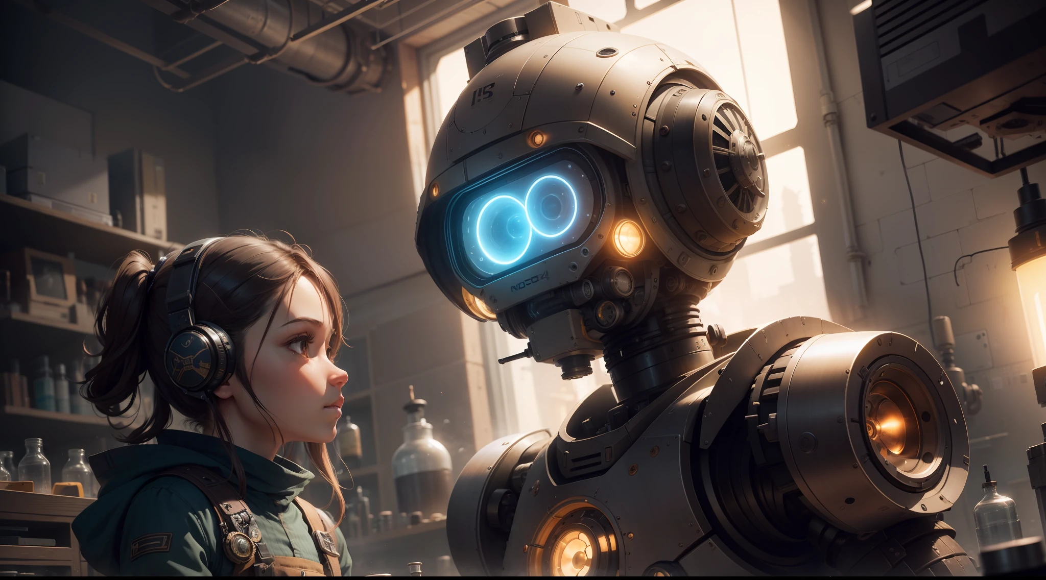 /imagine prompt: illustration of In the laboratory, a middle-aged man and a robot ,Middle aged men::15, robot::18, Handling::12, Incomplete robot::15, Steampunk::12, rule of thirds composition::5, Top view::12, Unreal Engine::14, Cinematic light::10, Volumetric light::10, Dramatic::8, Fantasy::7, hyper quality::8, Futuristic Robots::13, Steampunk::15 --seed 4294967295 --s 400 --q 2 --c 40