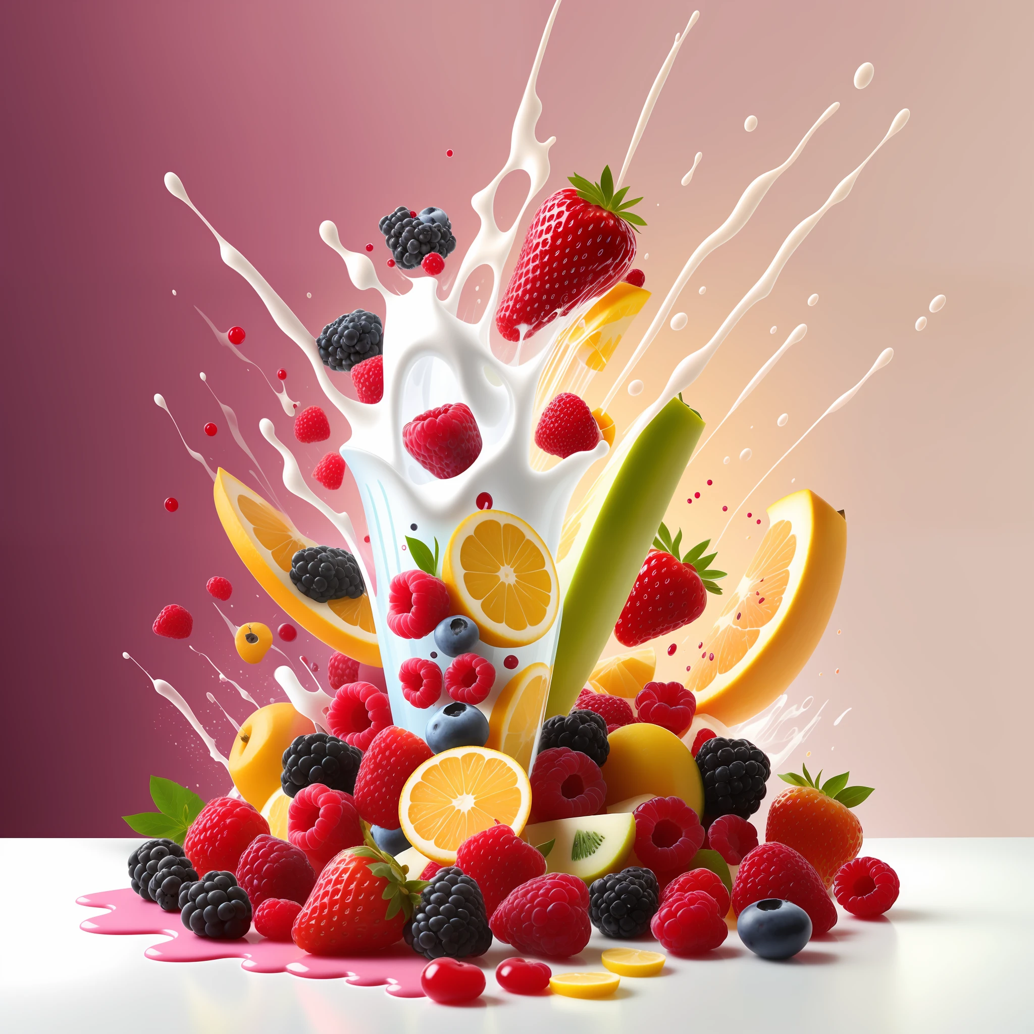 mix fruit and berries, fruits splash milk png