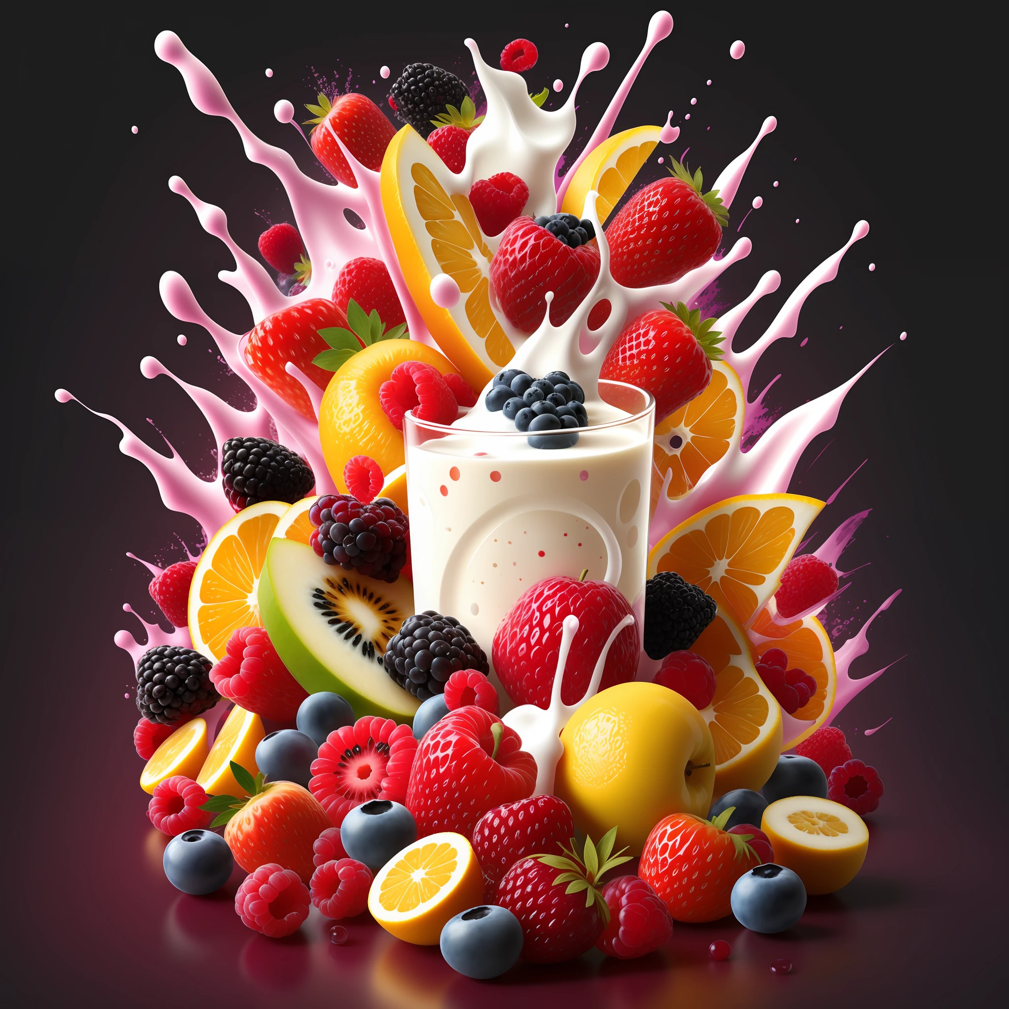 mix fruit and berries, fruits splash milk png