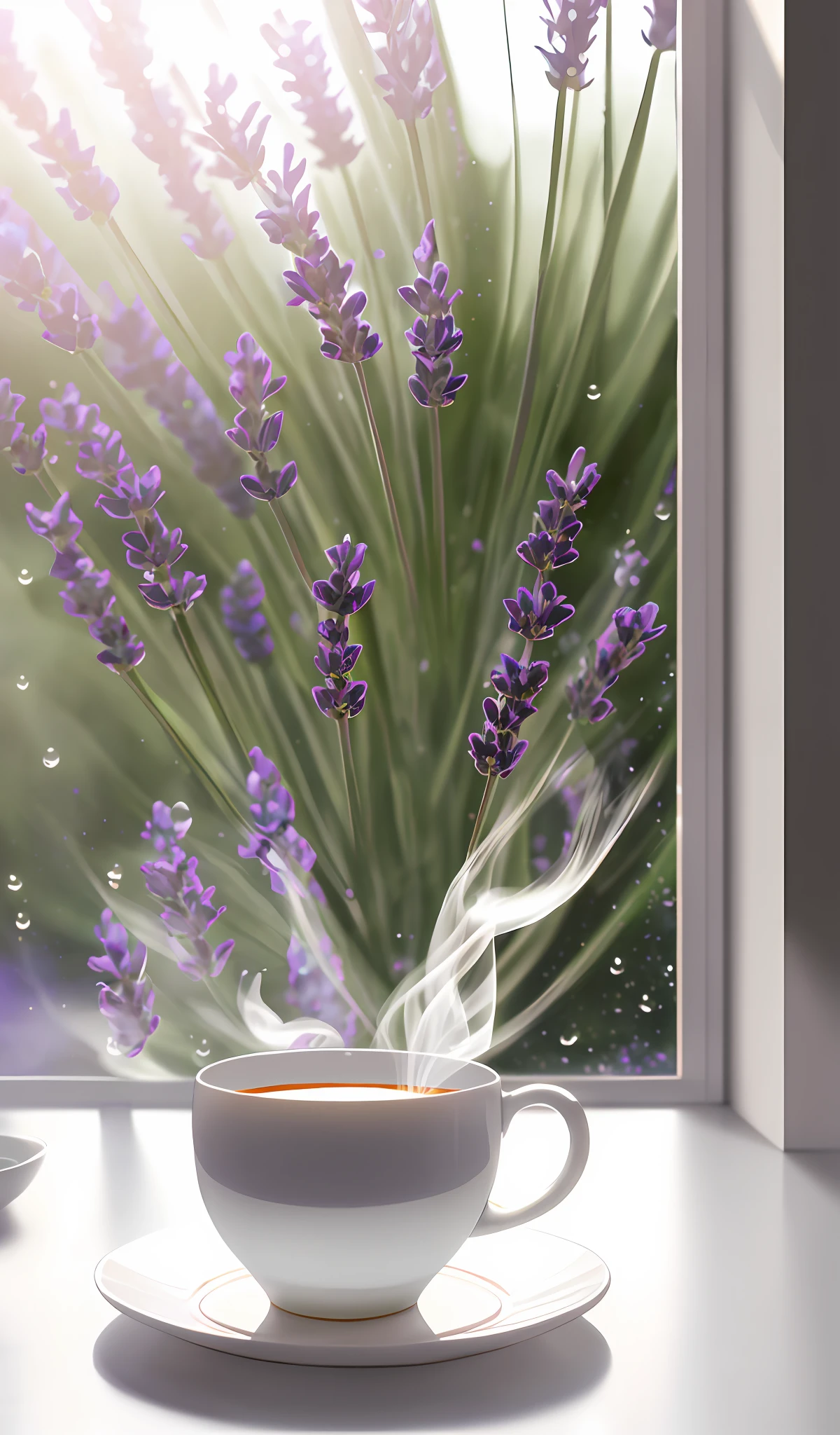 Create a relaxing image, from a window with the light of the sunrise, small droplets of water on the glass, lavender plants outside blurred, in the window a cup of white porcelain coffee with a touch of light smoke coming out of the cup, ultra realistic, 8K, photo taken by a professional photography camera.